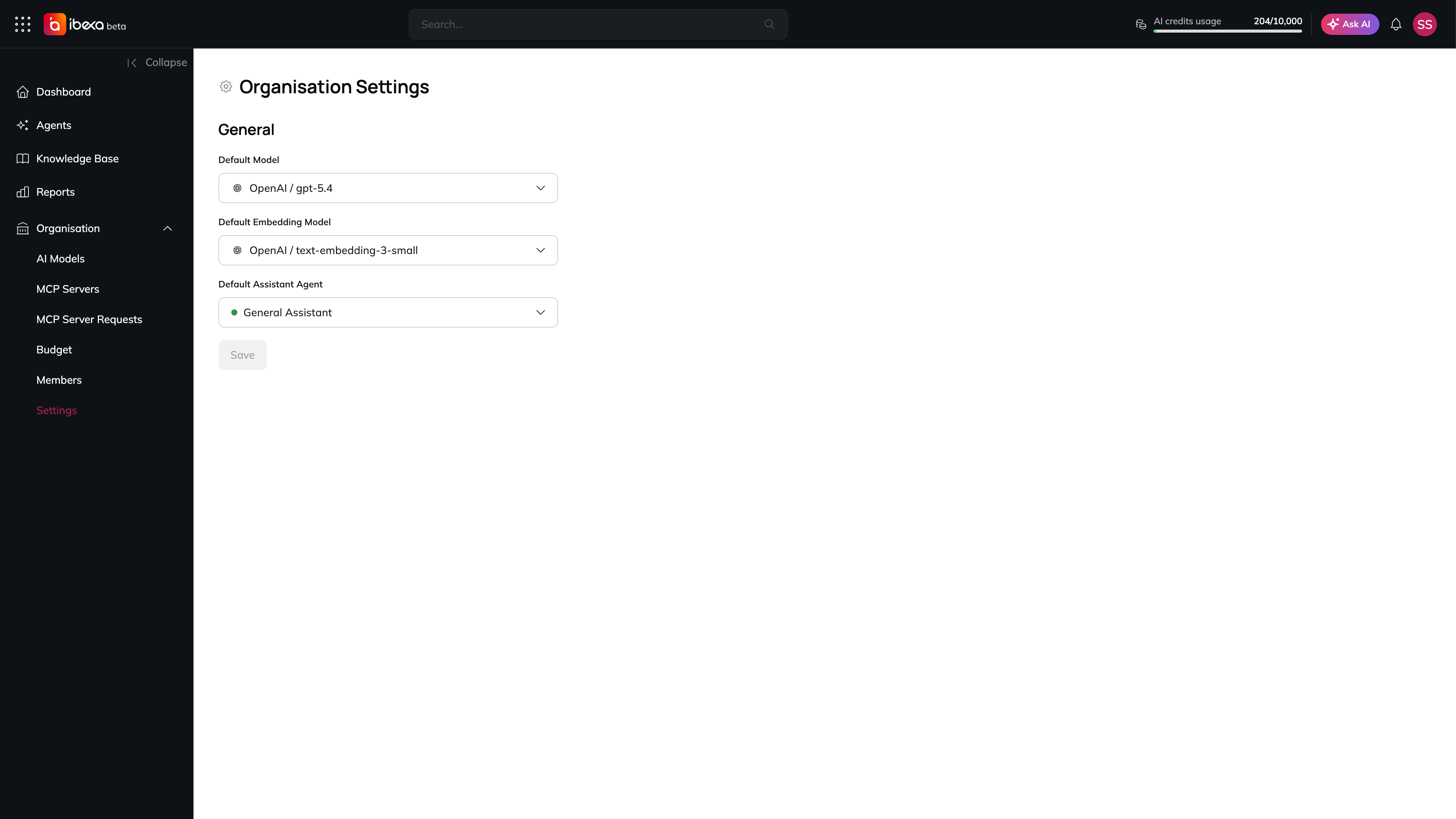 The Organisation Settings page with the General section showing the Default Model, Default Embedding Model and Default Assistant Agent dropdowns and a greyed-out Save button