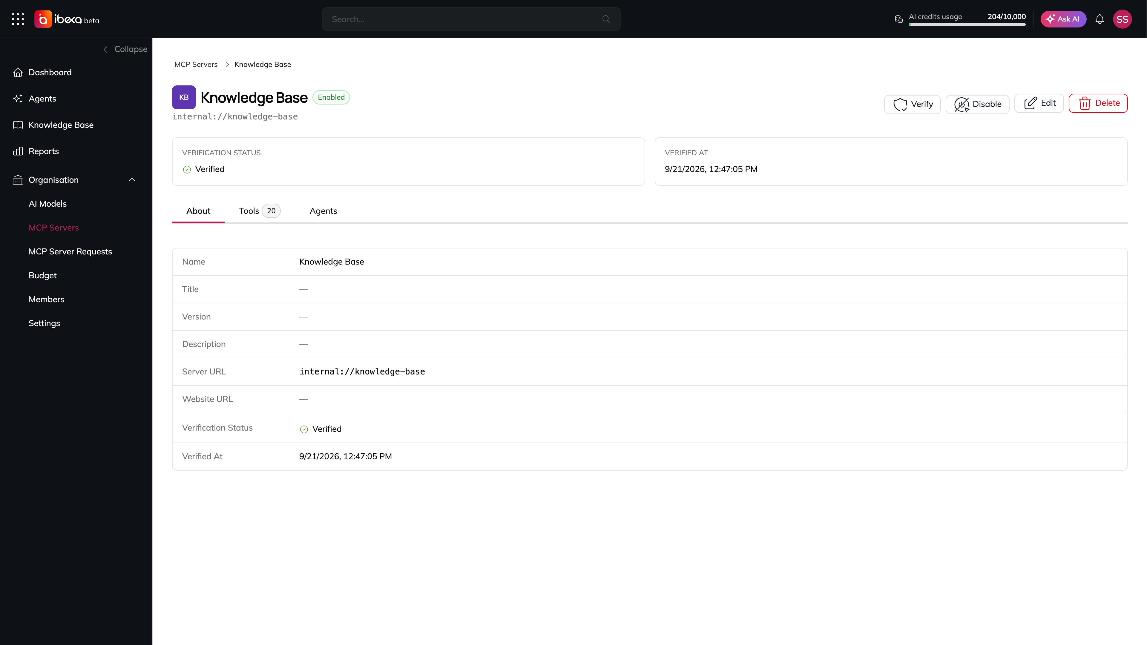 The Knowledge Base MCP server detail page with an Enabled badge, the Verify, Disable, Edit and Delete buttons, the Verified status with its verification time, and the Tools tab listing the server's 20 tools with a preview of the selected tool