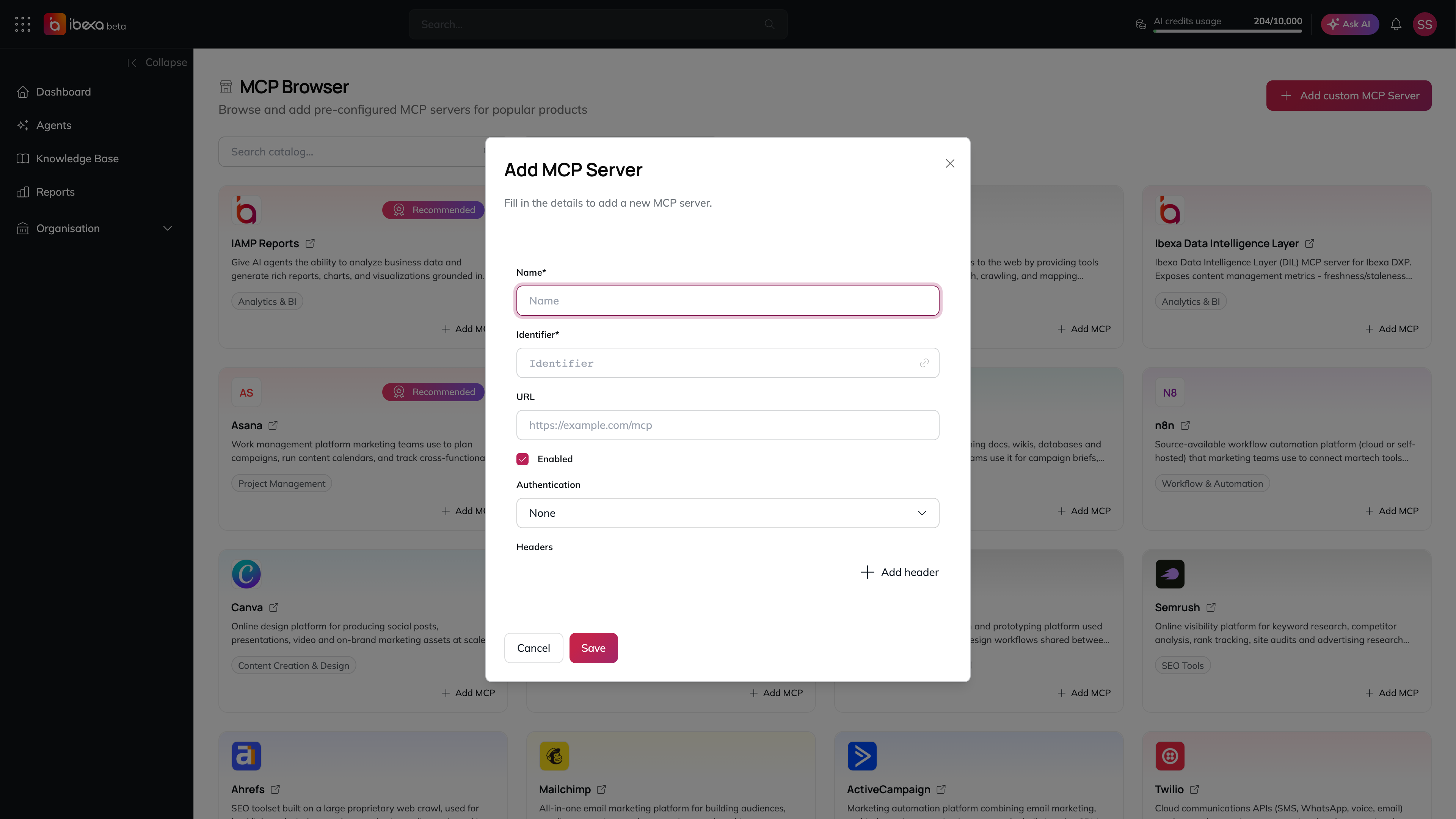 The Add MCP Server dialog with empty Name, Identifier and URL fields, the Enabled checkbox checked, the Authentication dropdown set to None, the Add header button and the Cancel and Save buttons