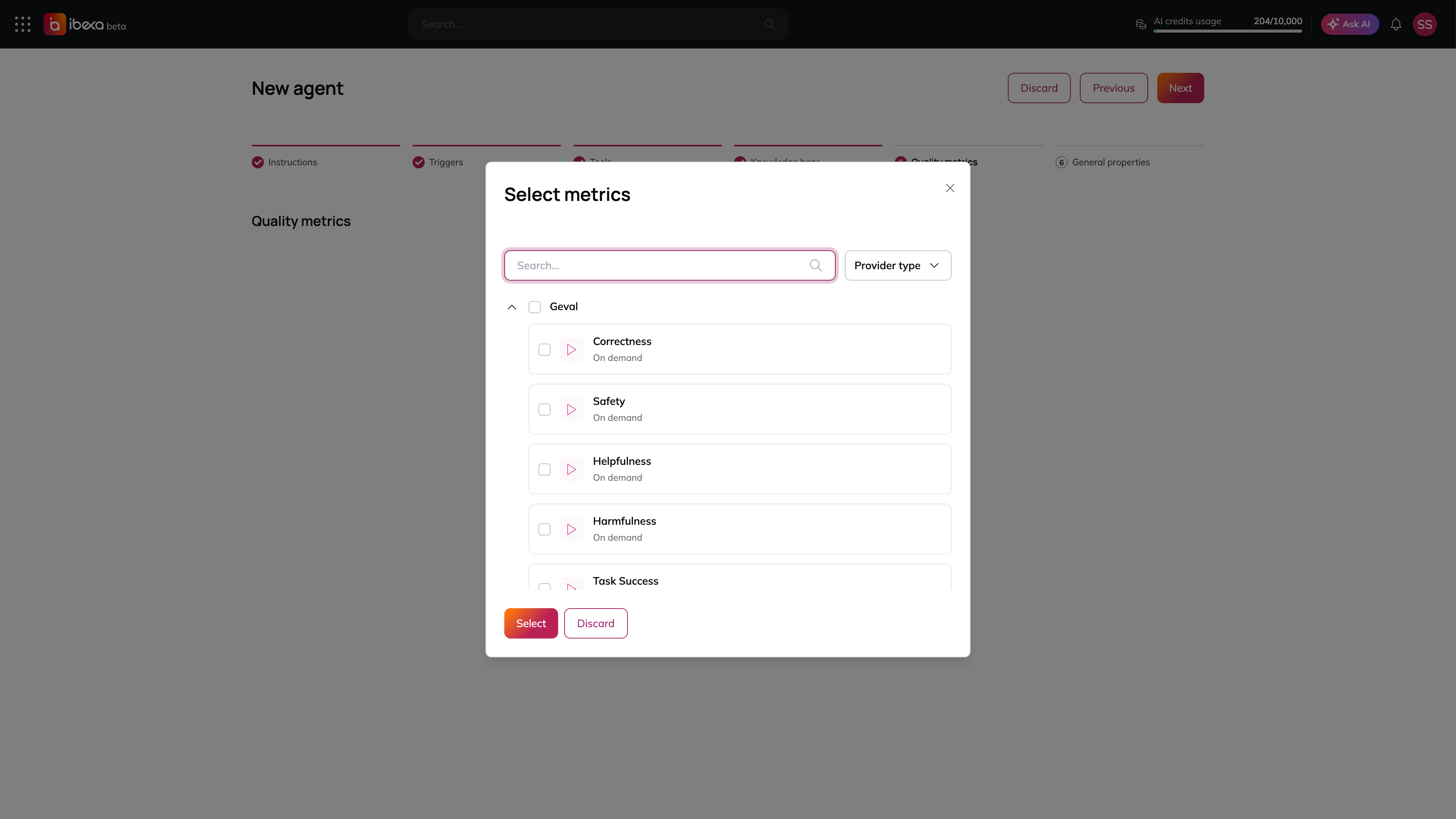 The Select metrics dialog over Step 5 Quality metrics, with a search box, the Provider type filter and the Geval group listing Correctness, Safety, Helpfulness, Harmfulness and Task Success, and the Select and Discard buttons