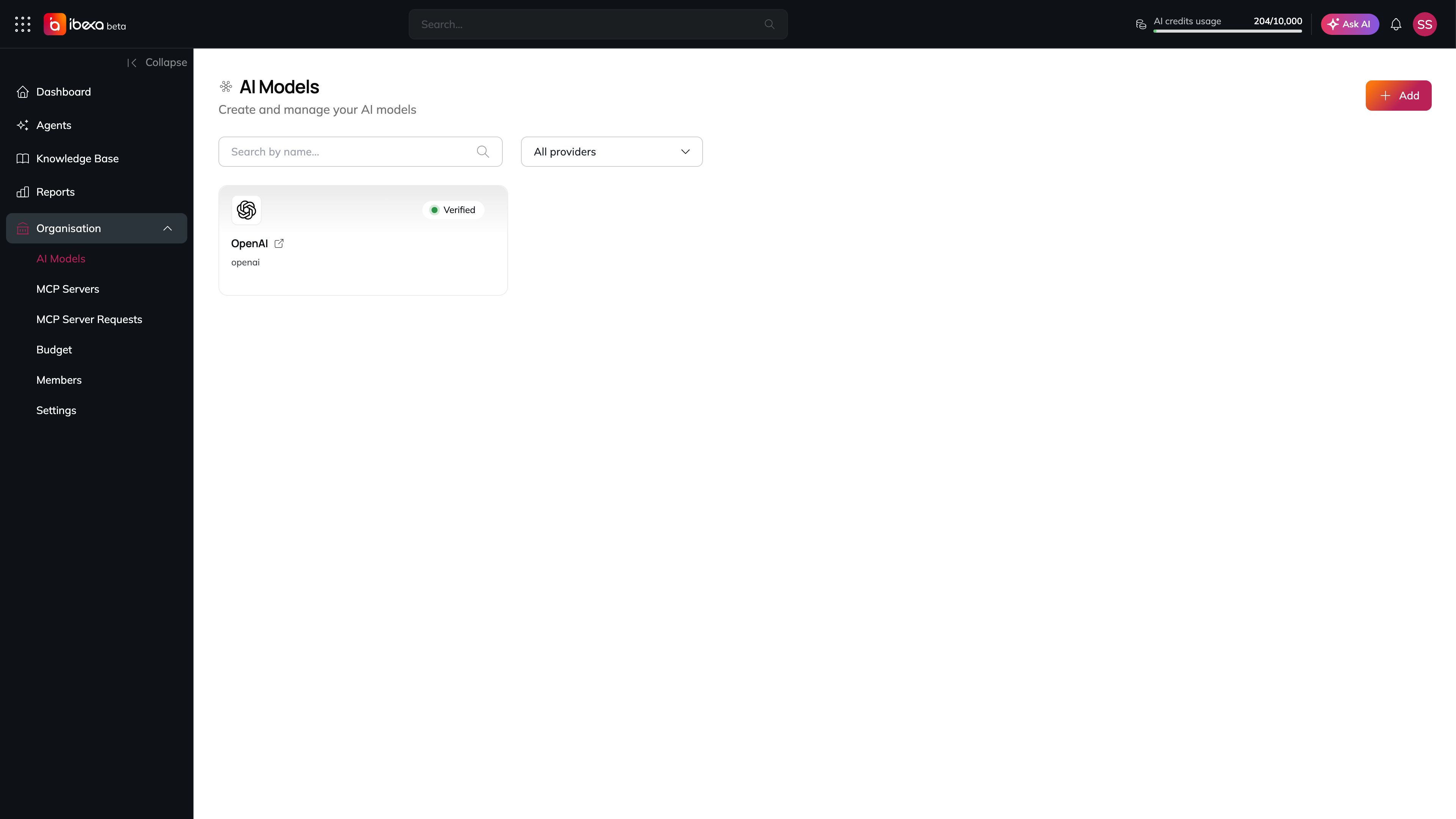 The AI Models page with a search box, an All providers filter, the Add button in the top-right corner and a single OpenAI provider card marked Verified