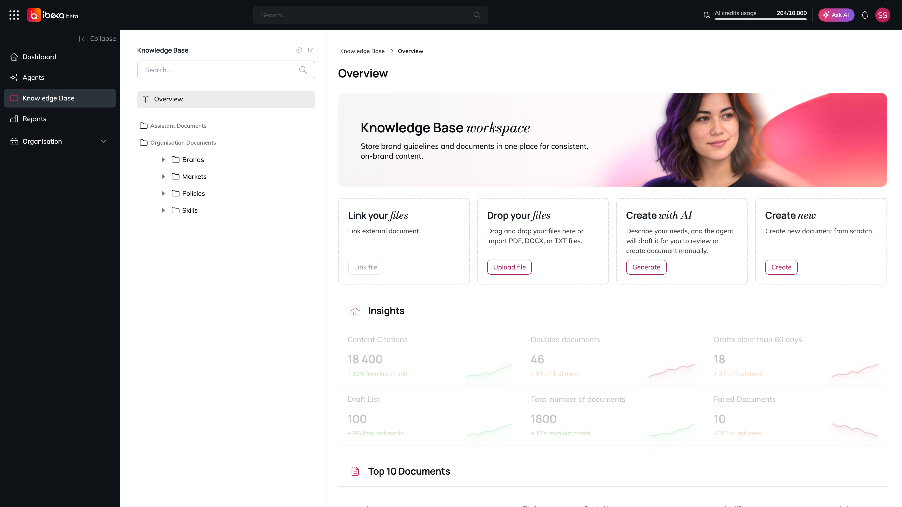The Knowledge Base with its folder tree and the Overview page