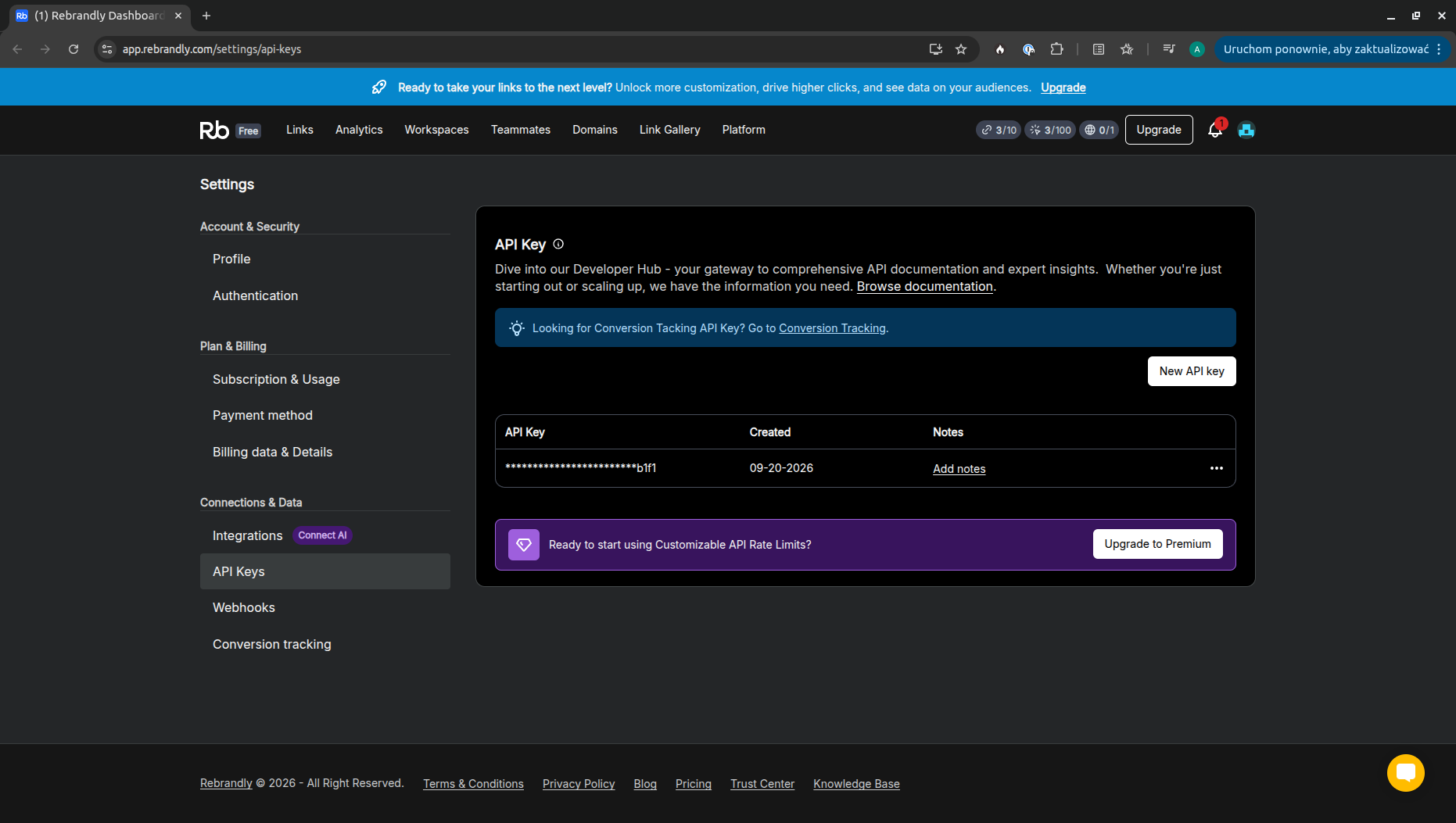 The Rebrandly Settings > API Keys page, showing the New API key button and a list of existing keys