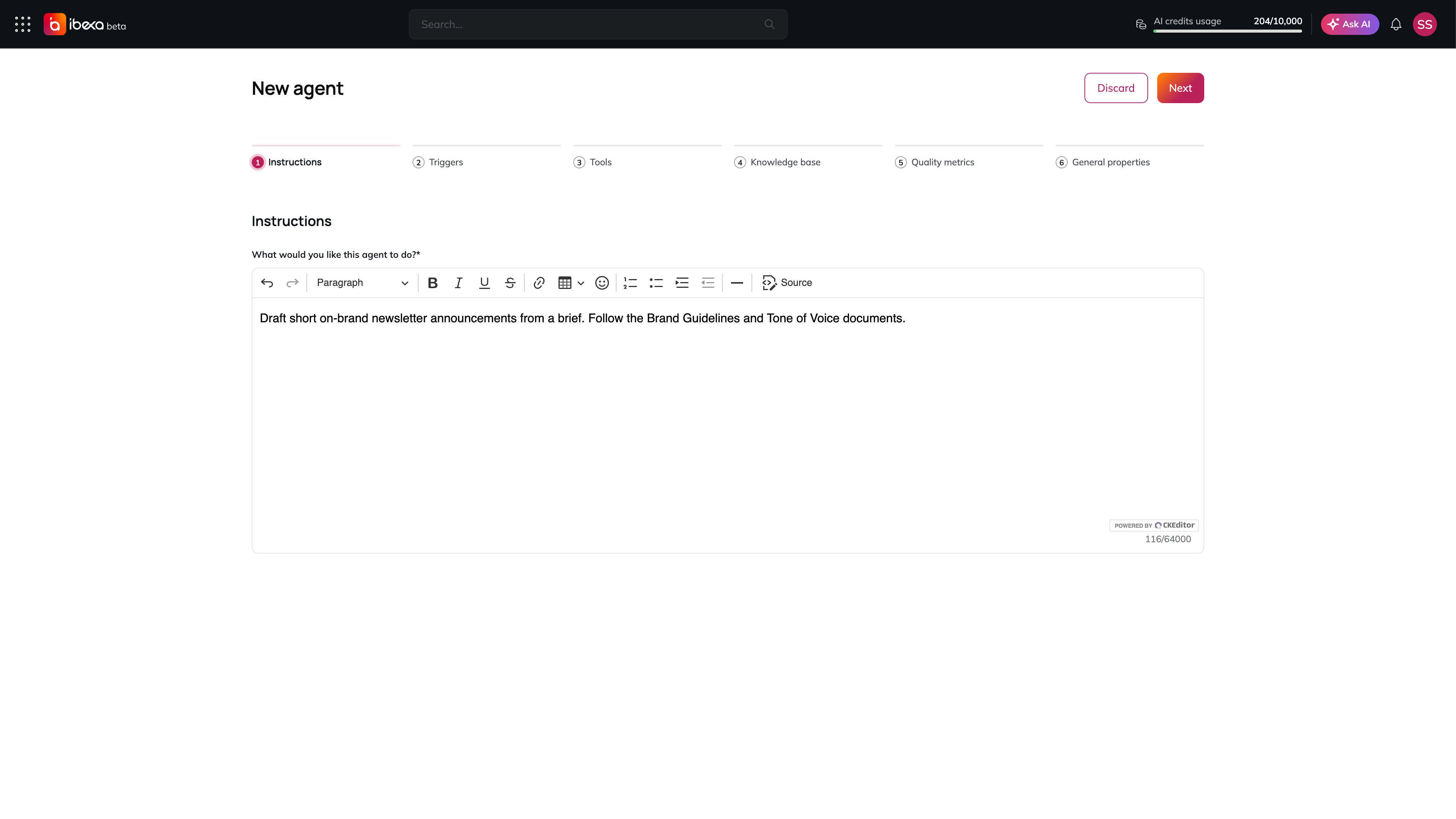 Step 1 Instructions of the New agent wizard with the six-step stepper and a short instruction typed into the What would you like this agent to do field, which has a rich-text toolbar and a character counter