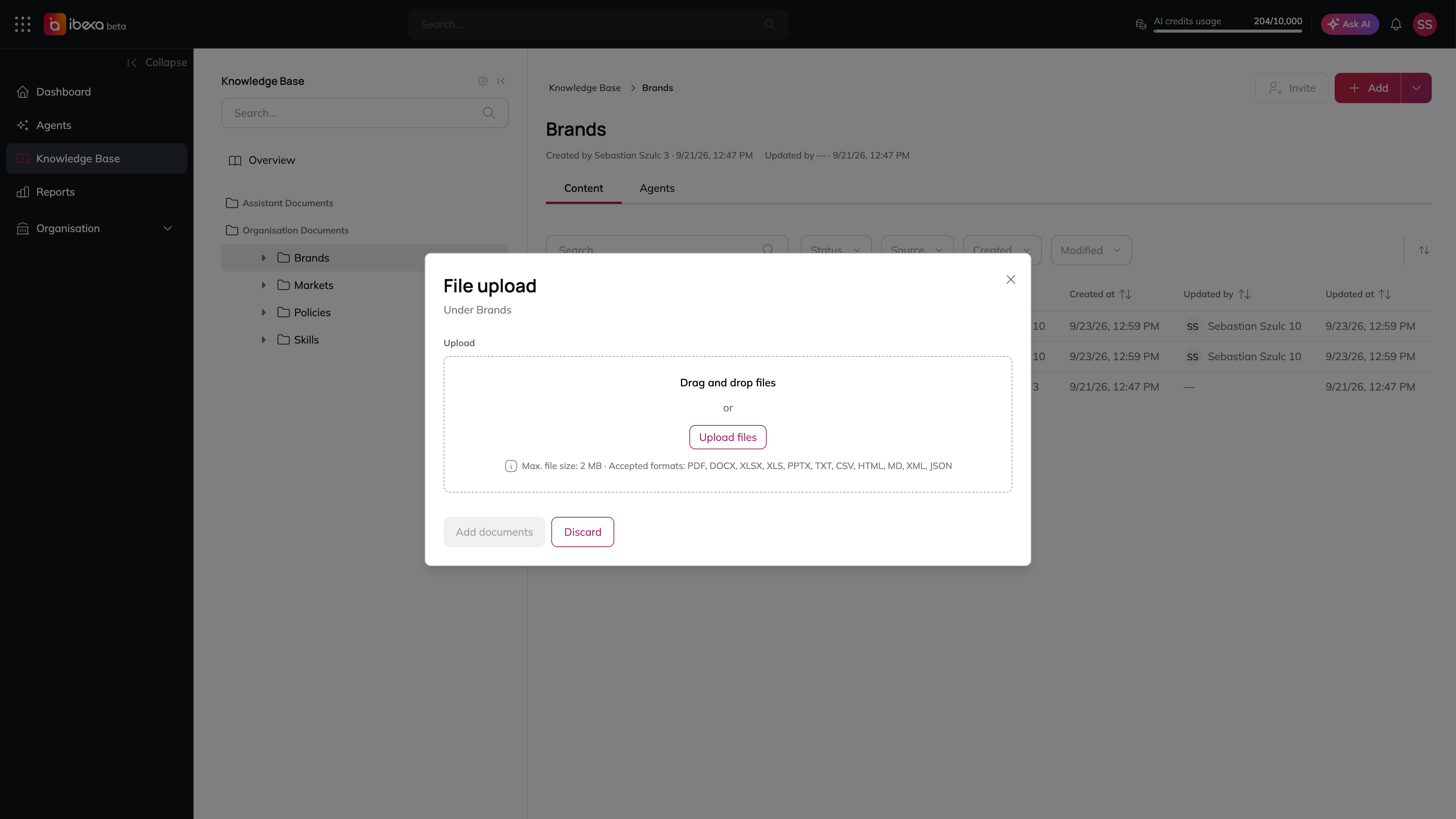 The File upload dialog with a drag-and-drop area, the Upload files button, the accepted formats and size limit, and the Add documents and Discard buttons
