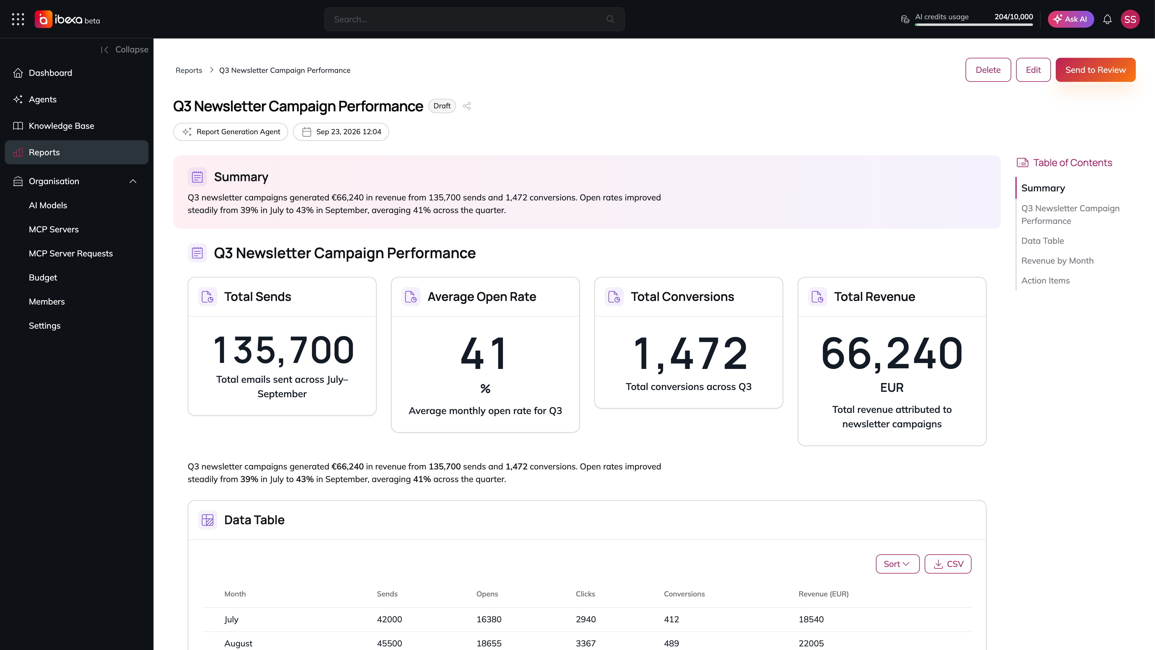 A report generated by the report generation agent, with its summary, metrics and table of contents