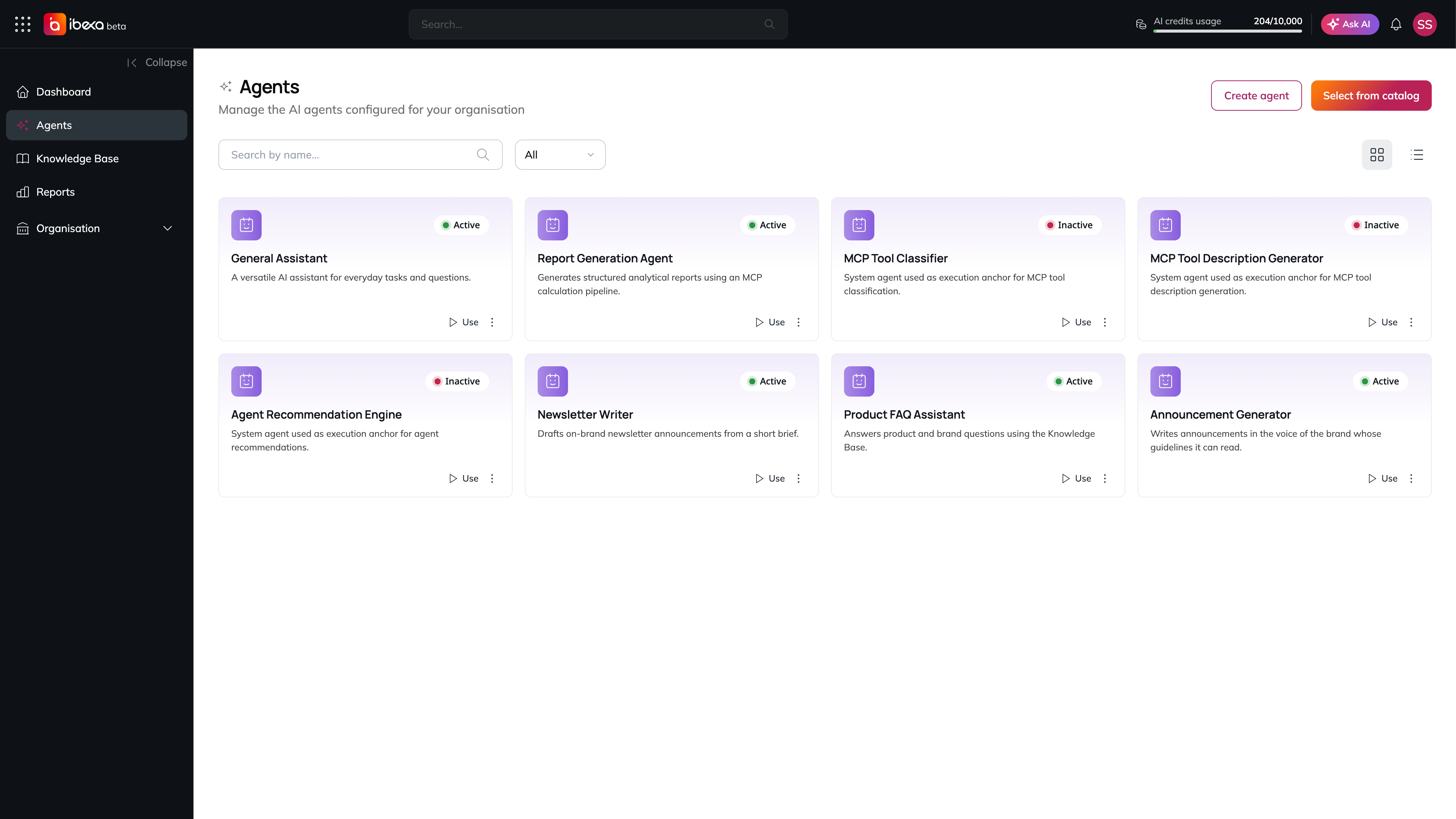 The Agents page in grid view with a search box, a status filter, the grid and list view toggle, the Create agent and Select from catalog buttons, and agent cards showing each agent name, description, Active or Inactive status and a Use button