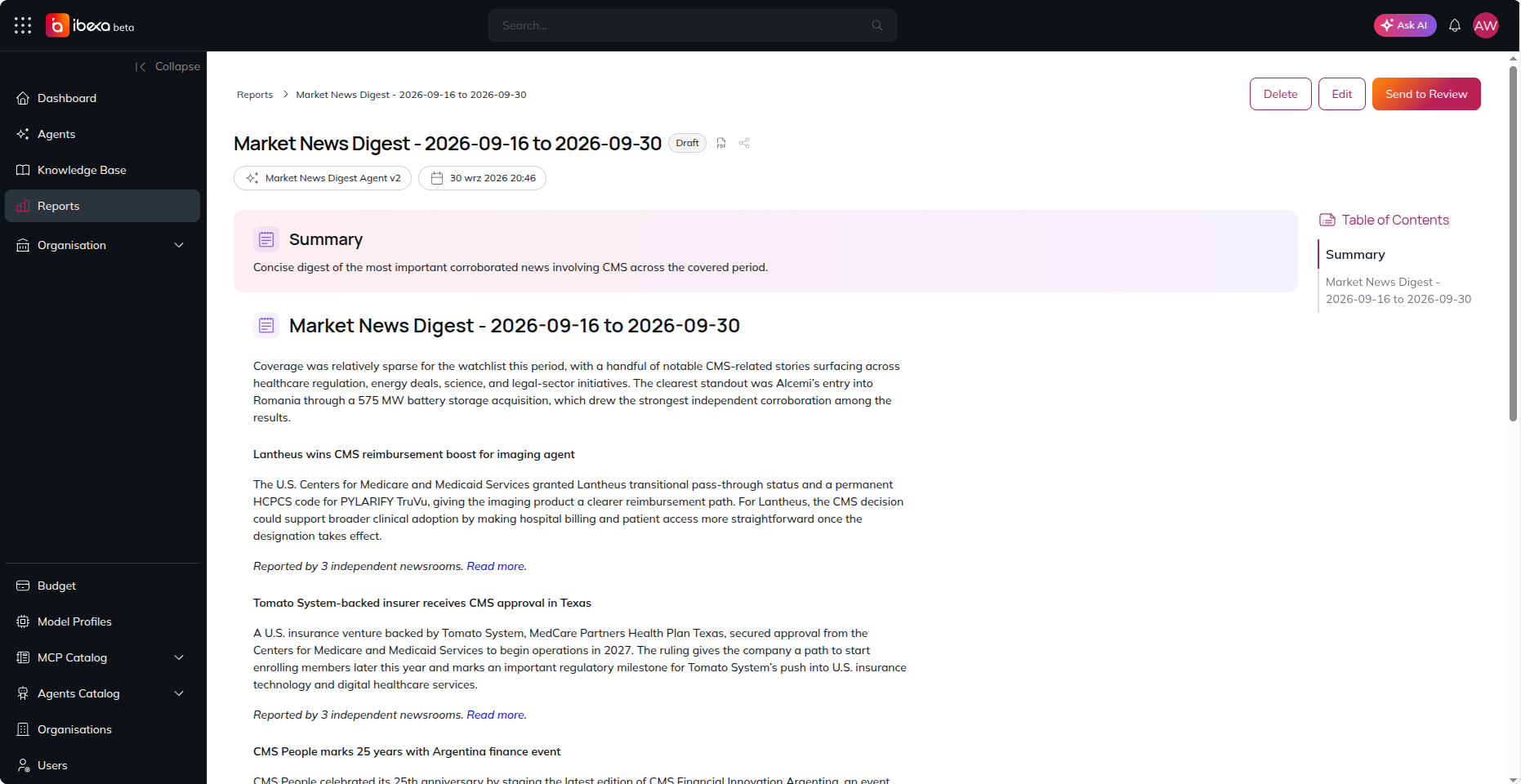 A Market News Digest report in Draft status, showing a Summary block and a narrative write-up of corroborated CMS-related stories with Read more links