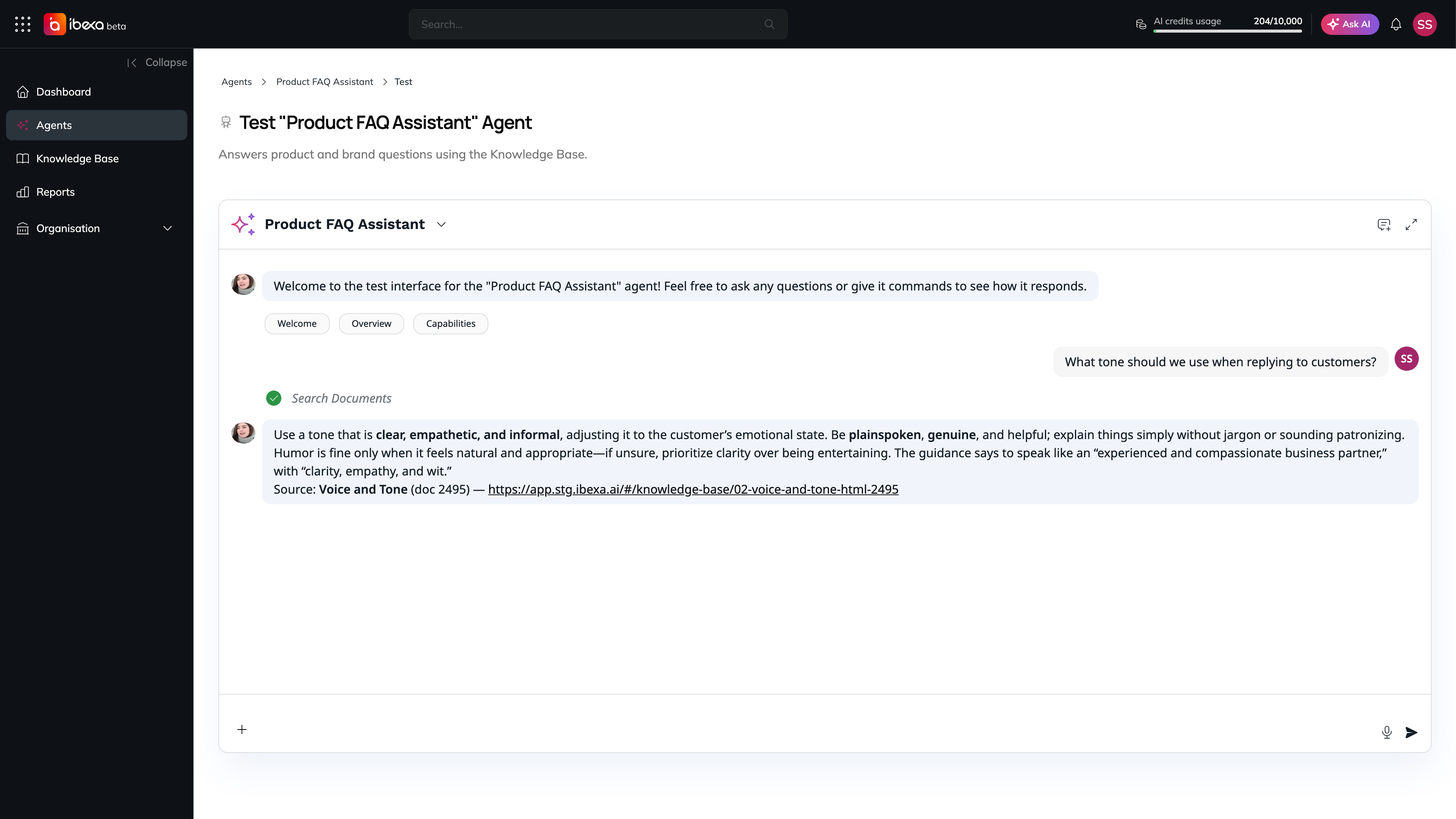 The Test page of the Product FAQ Assistant agent with a question about the tone to use with customers, a completed Search Documents tool call, and the agent answer citing the Voice and Tone document