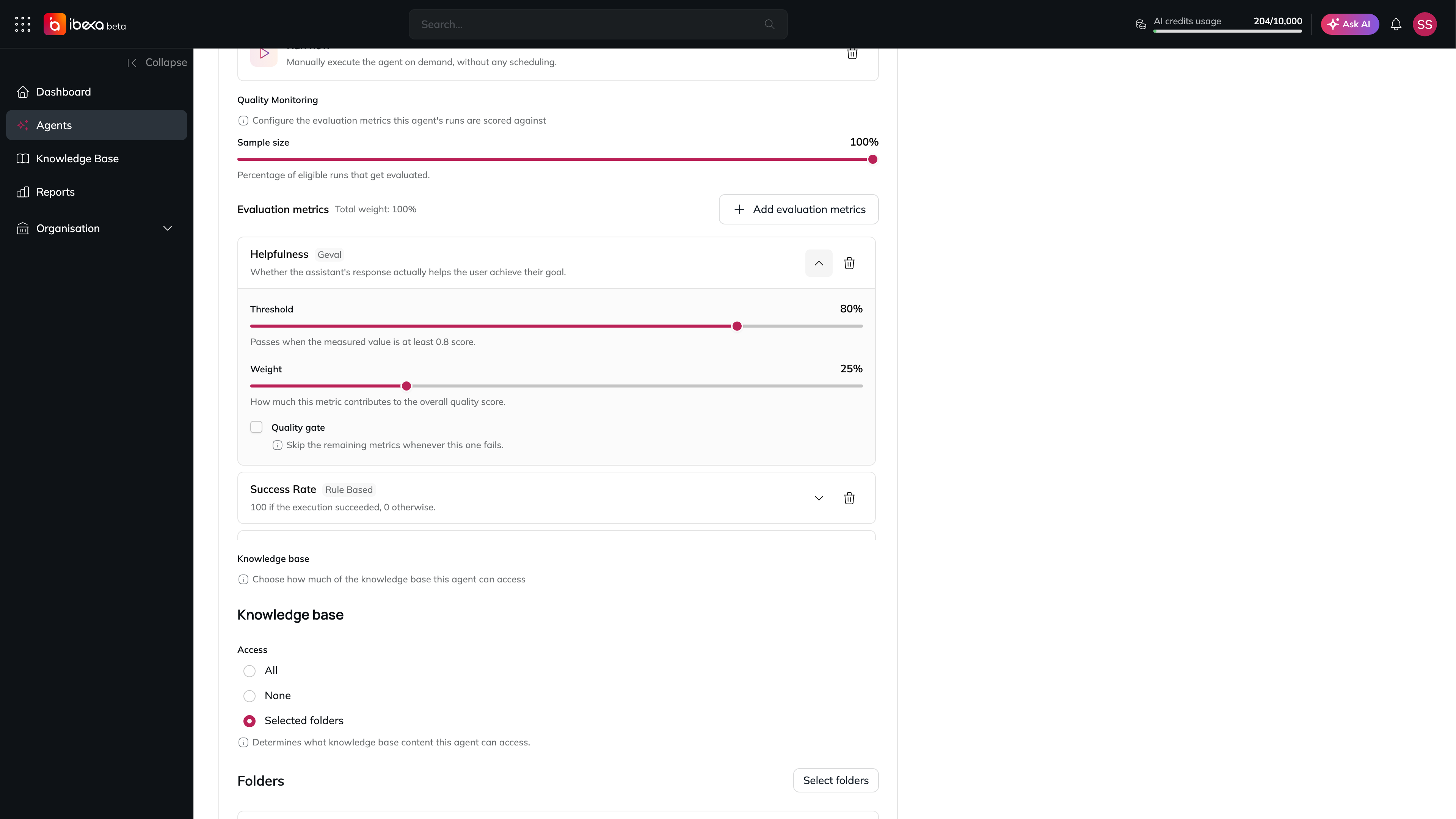 The Quality Monitoring section of the Edit Agent page with the Sample size slider at 100%, the Add evaluation metrics button, and the Helpfulness metric card expanded to show its Threshold and Weight sliders and the Quality gate checkbox, above a collapsed Success Rate card