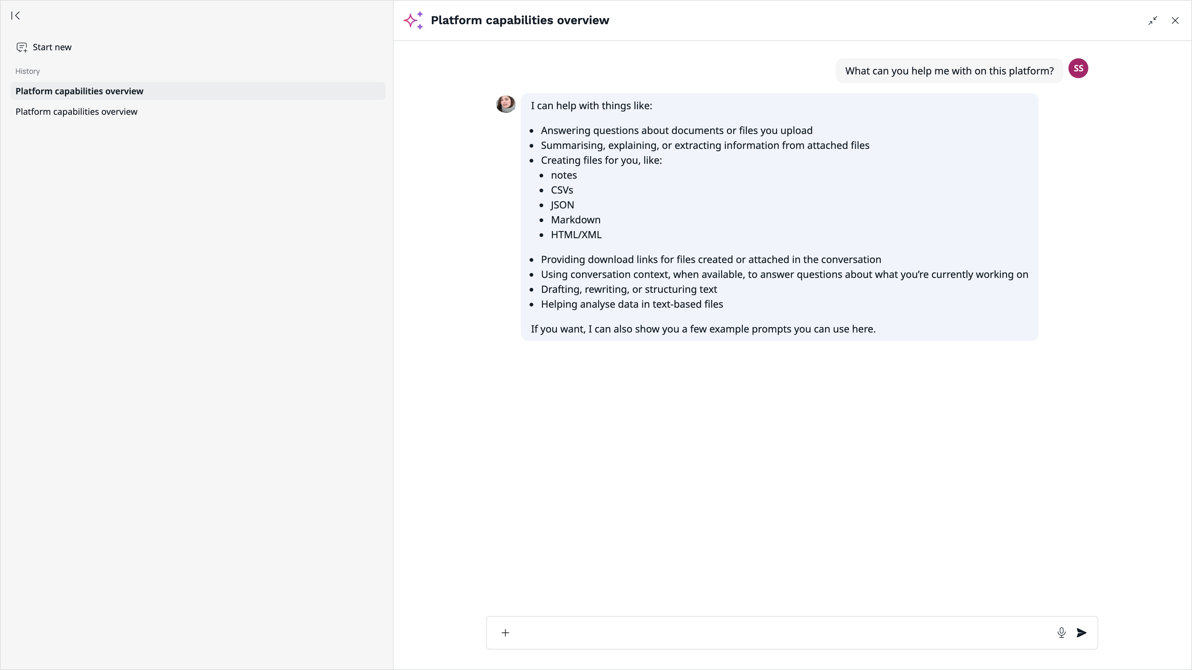 The Assistant in full screen mode with a conversation history sidebar containing the Start new button, and the conversation with one question and the assistant's reply