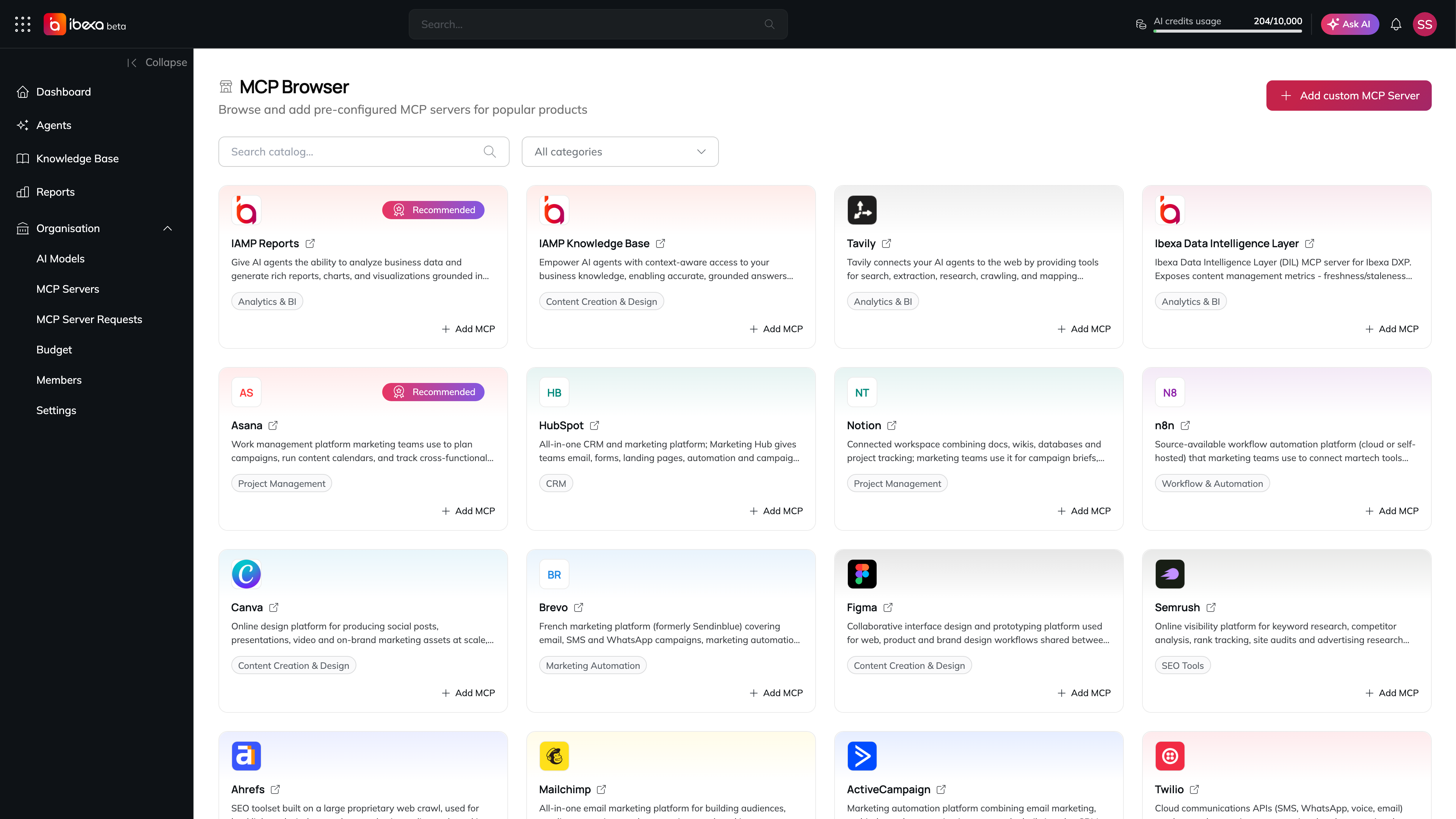 The MCP Browser page with the catalog search box, the All categories filter, the Add custom MCP Server button and a grid of catalog entries, some with a Recommended badge, each with a category tag and an Add MCP button