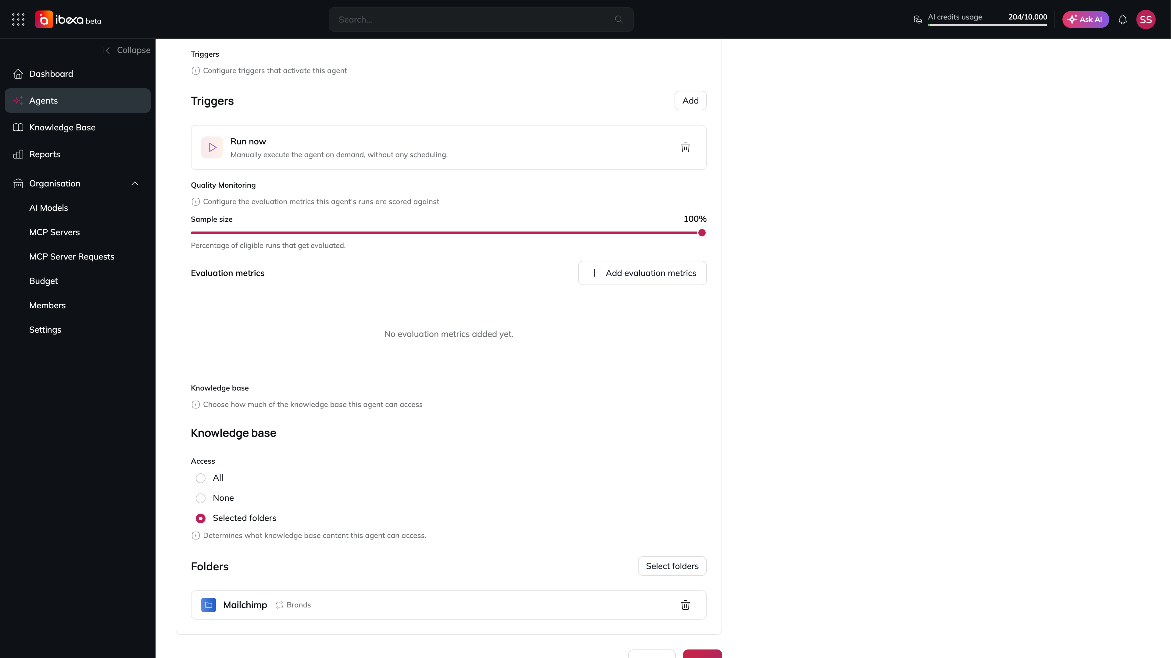 The Knowledge base section of the Edit Agent page with Access set to Selected folders and only the Mailchimp folder under Brands selected