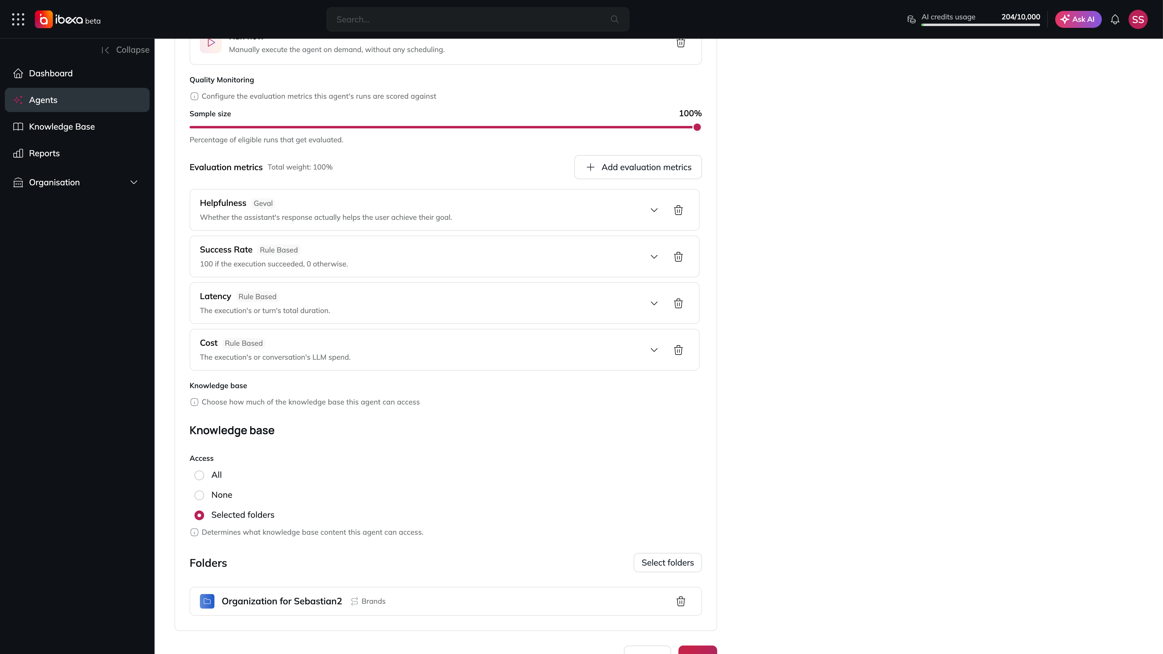 The Knowledge base section of the Edit Agent page with Access set to Selected folders and one brand folder under Brands in the Folders list