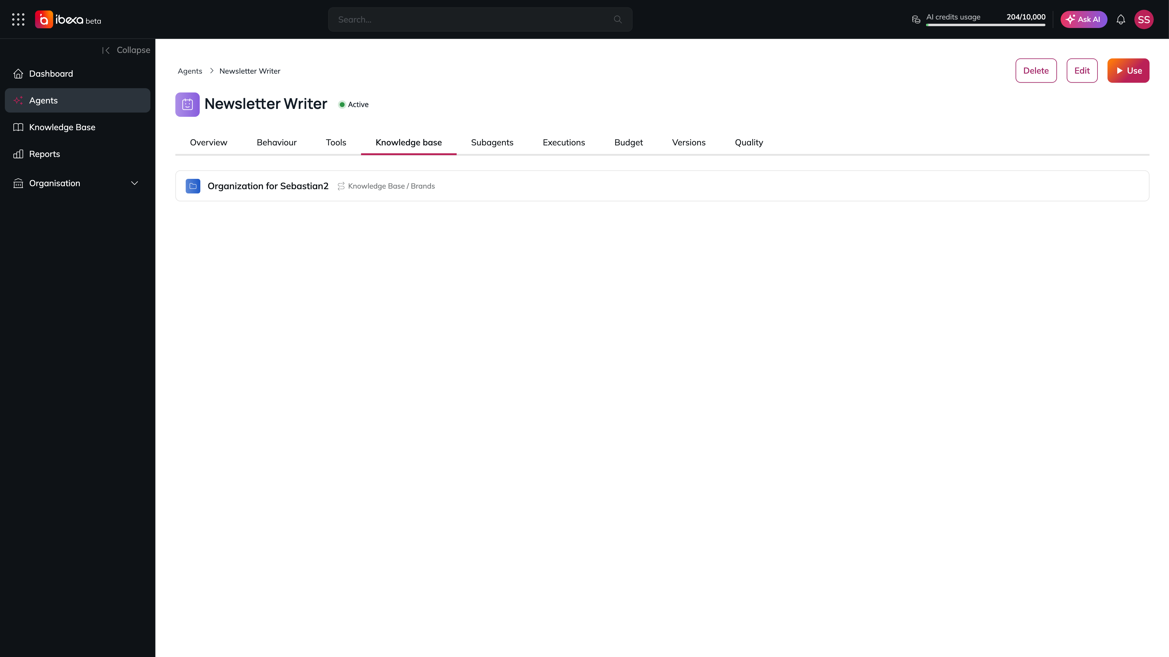 The Knowledge base tab of an agent, listing one brand folder under Knowledge Base / Brands