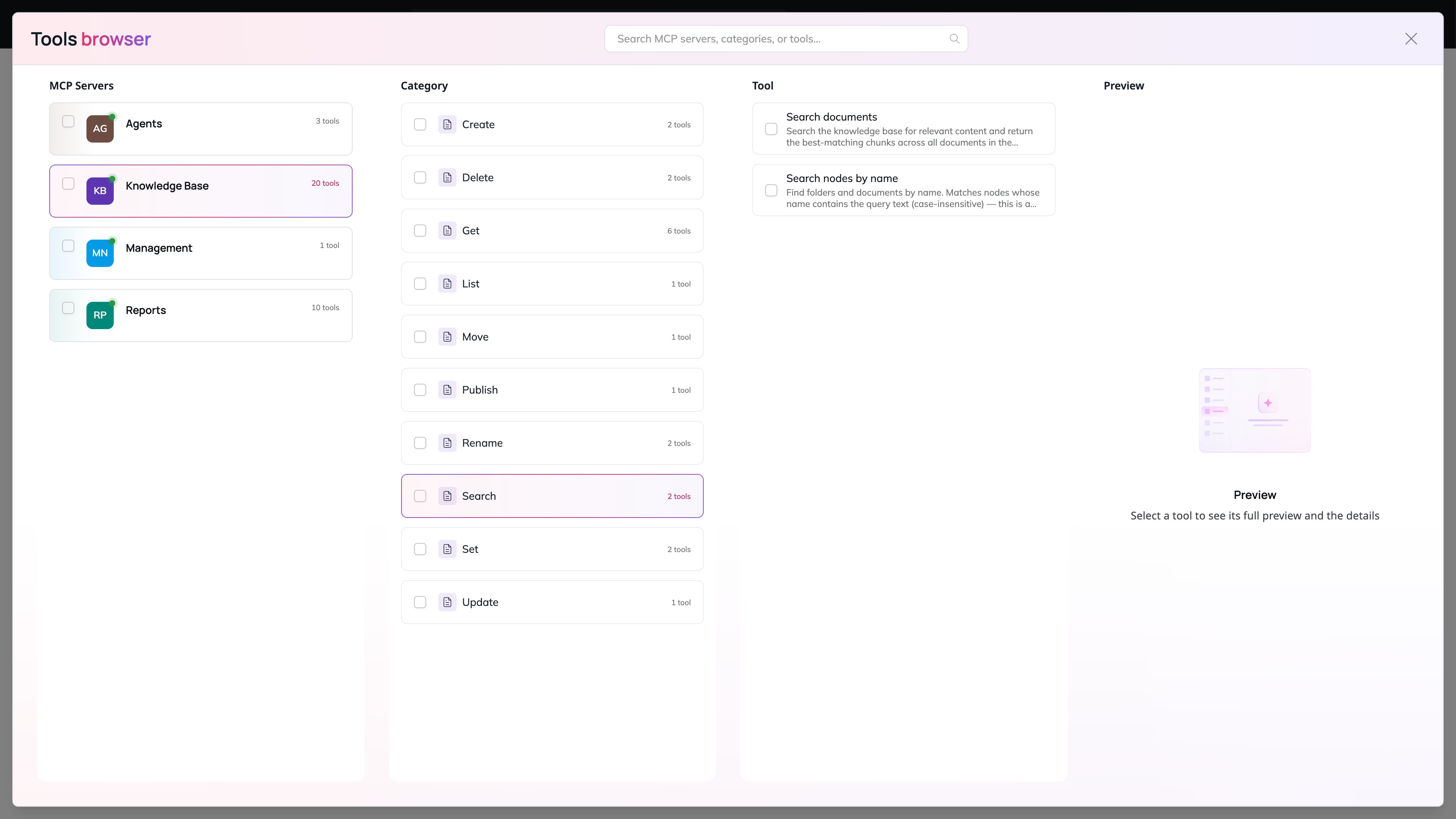 The Tools browser with the Knowledge Base server and its Search category selected, the Tool column listing Search documents and Search nodes by name with checkboxes, and a Preview column