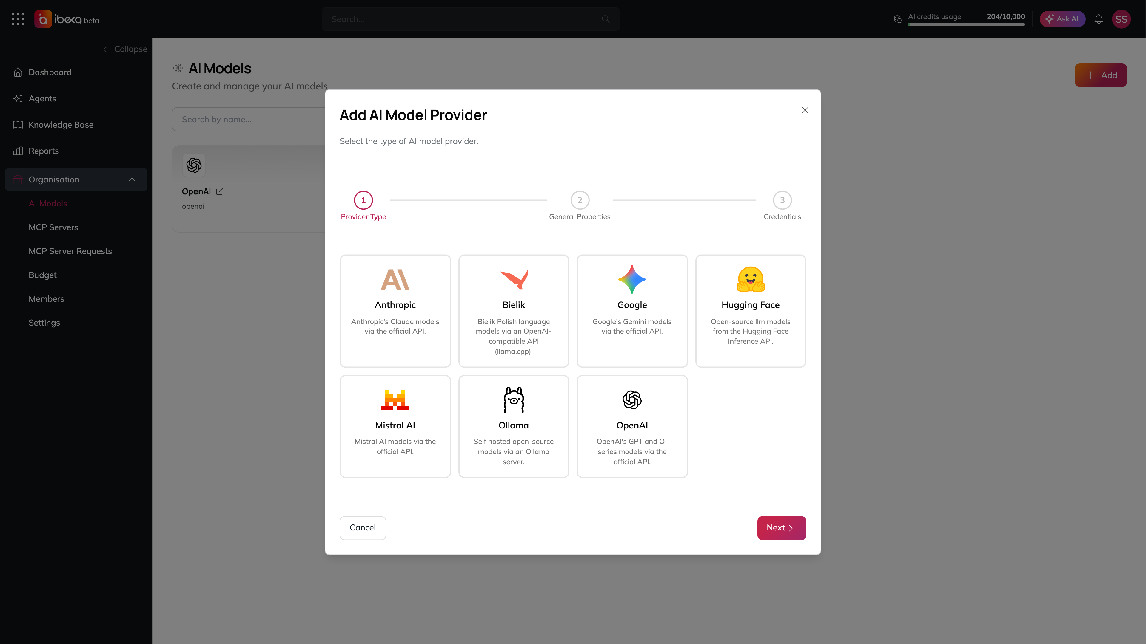 The first step of the Add AI Model Provider dialog with a three-step indicator (Provider Type, General Properties, Credentials), cards for Anthropic, Bielik, Google, Hugging Face, Mistral AI, Ollama and OpenAI, and the Cancel and Next buttons