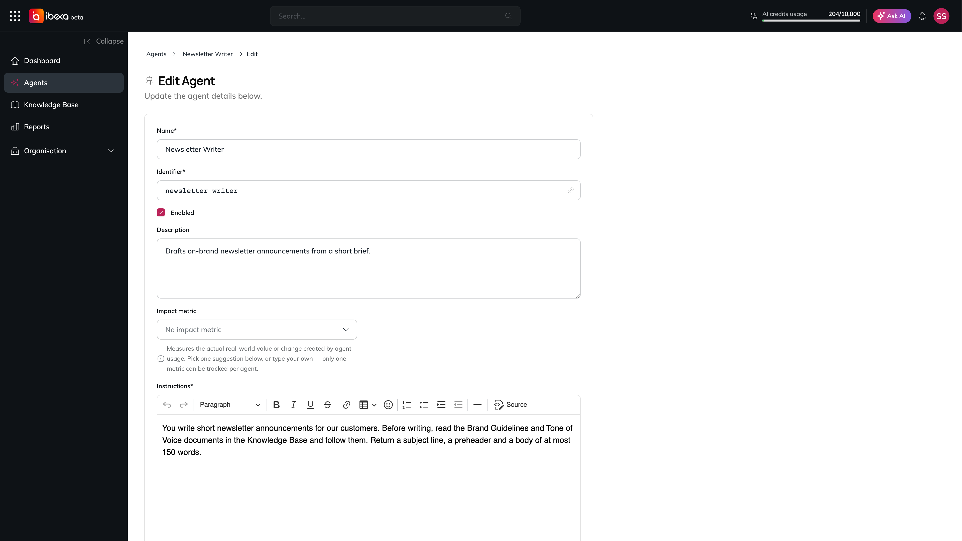 The top of the Edit Agent page for Newsletter Writer with the Name, Identifier, Enabled, Description and Impact metric fields and the start of the Instructions editor