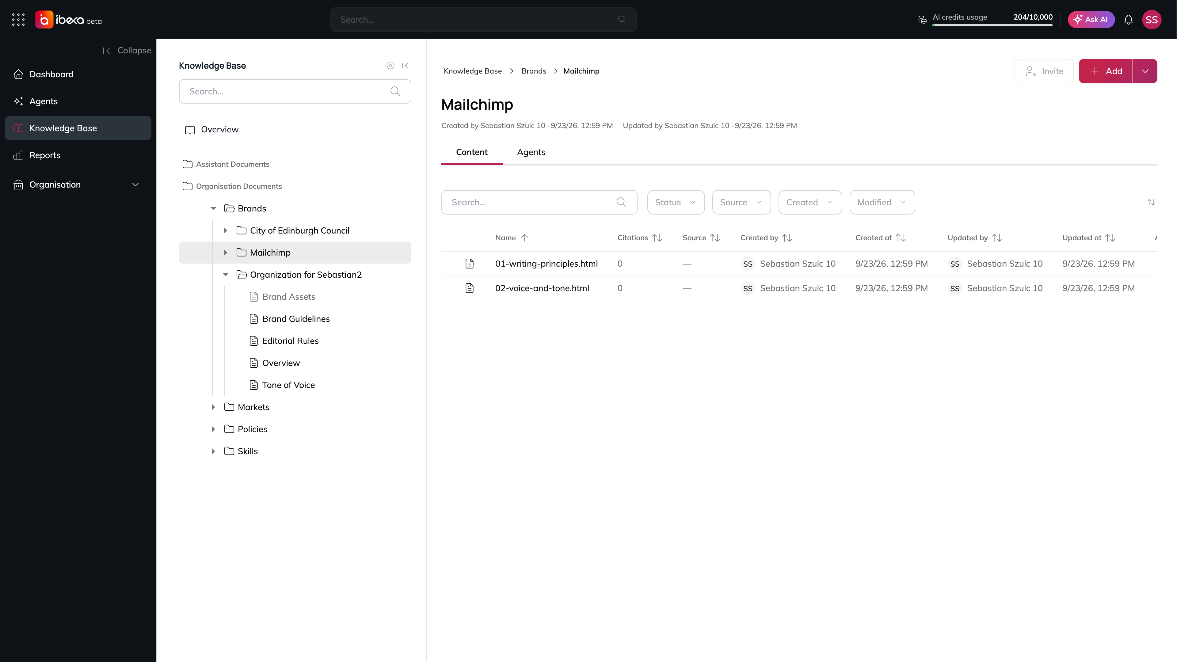 The Mailchimp folder under Brands in the Knowledge Base, listing the uploaded Mailchimp content style guide documents