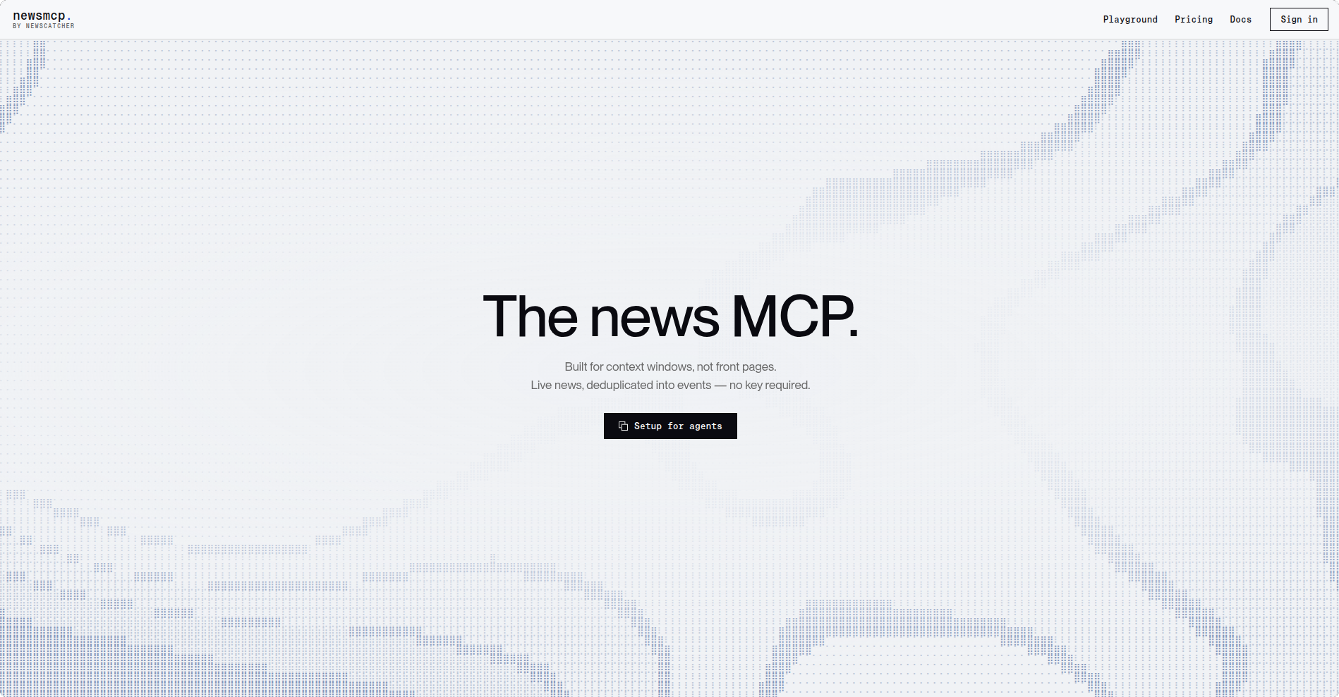 The NewsMCP homepage, showing the tagline 'The news MCP' and a Setup for agents button