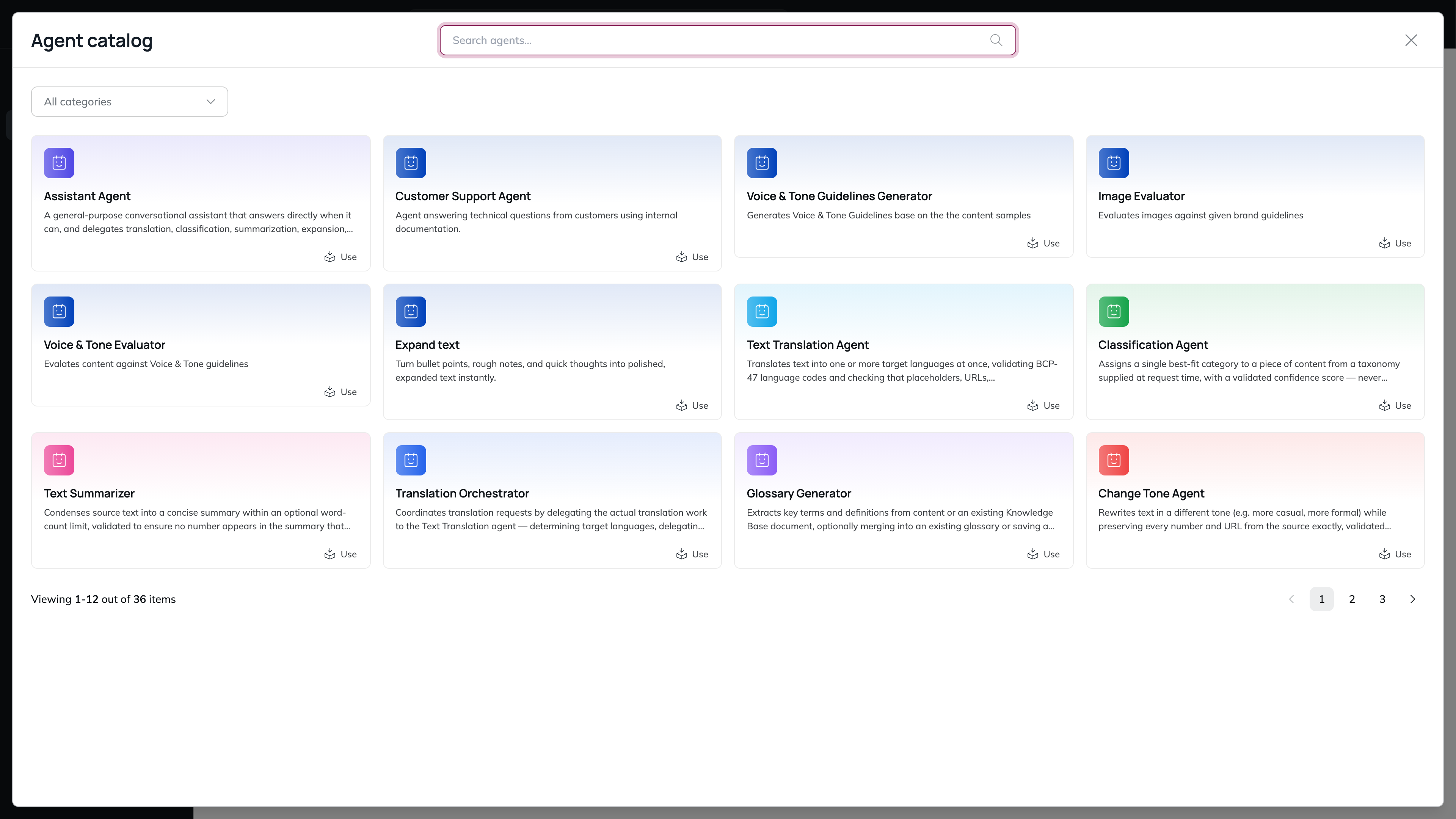 The Agent catalog dialog with a search box, the All categories filter, a grid of catalog agent cards each with a Use button, and pagination at the bottom