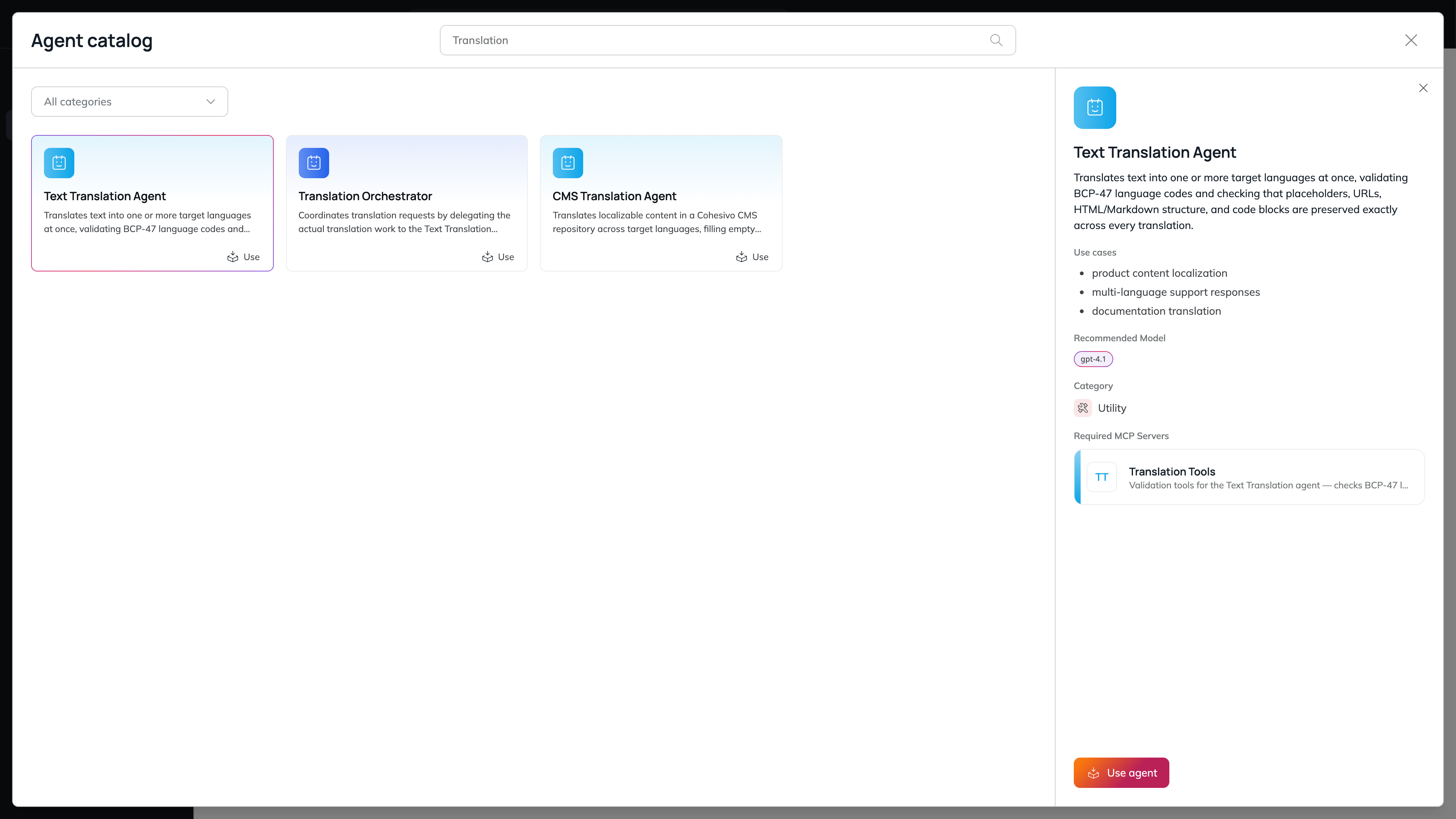 The Agent catalog filtered by Translation, with the Text Translation Agent entry selected and its detail sheet open on the right, showing the description, the use cases, the recommended model, the Utility category, the required Translation Tools MCP server and the Use agent button
