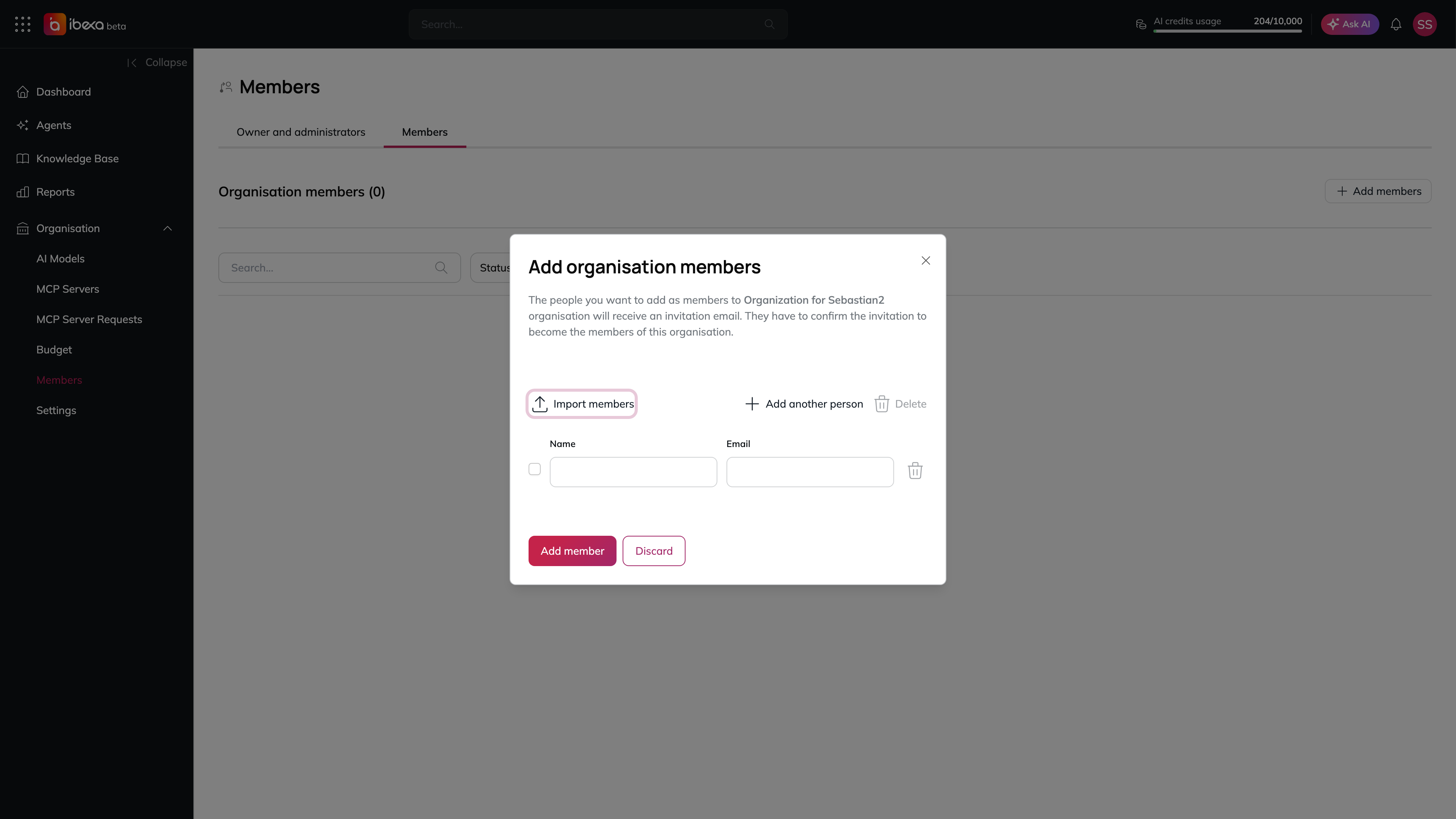 The Add organisation members dialog with the Import members, Add another person and Delete actions, one empty row with Name and Email fields and a trash icon, and the Add member and Discard buttons