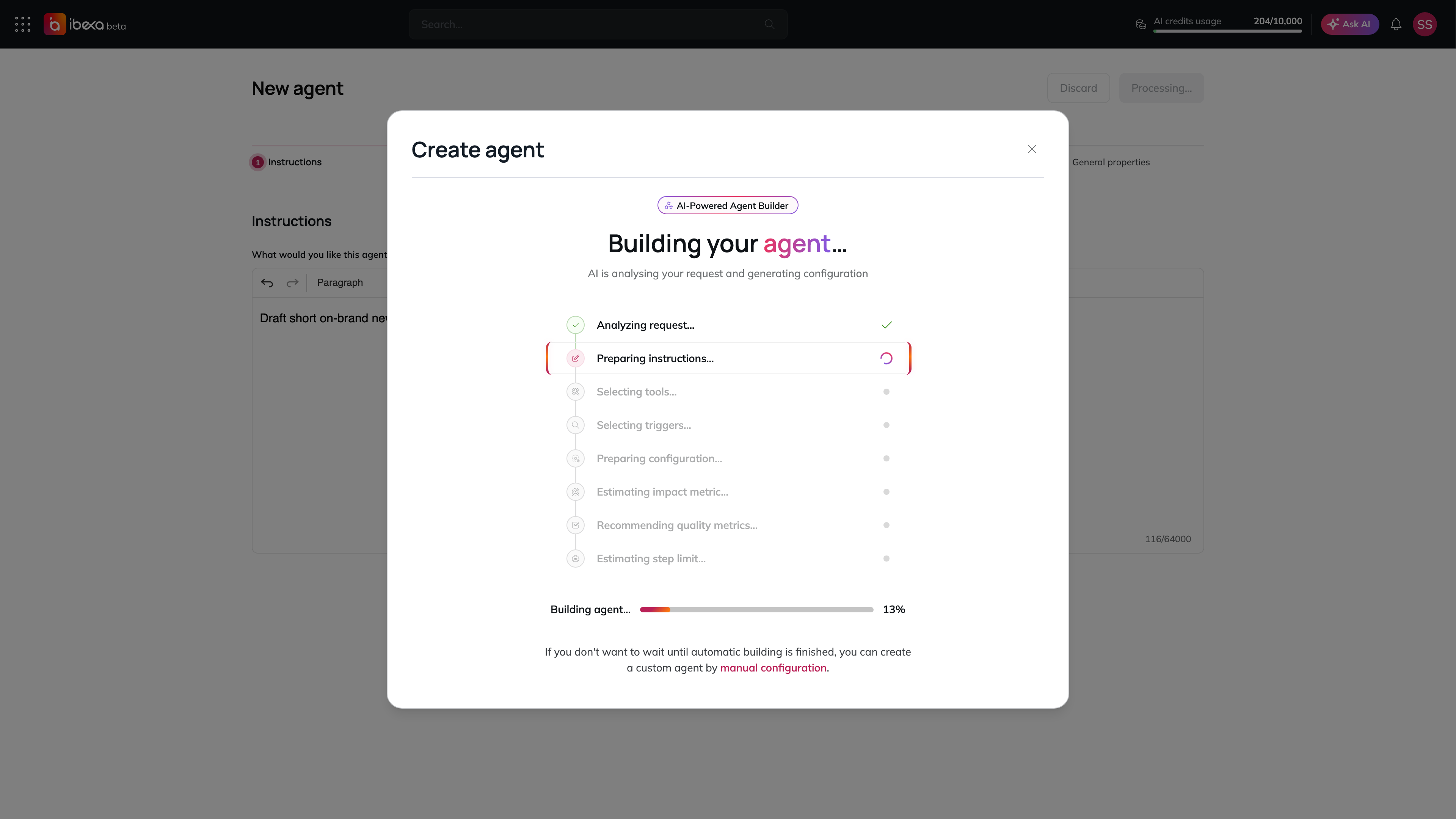The Create agent dialog titled Building your agent, with the progress list from Analyzing request to Estimating step limit, a Building agent progress bar and the manual configuration link at the bottom