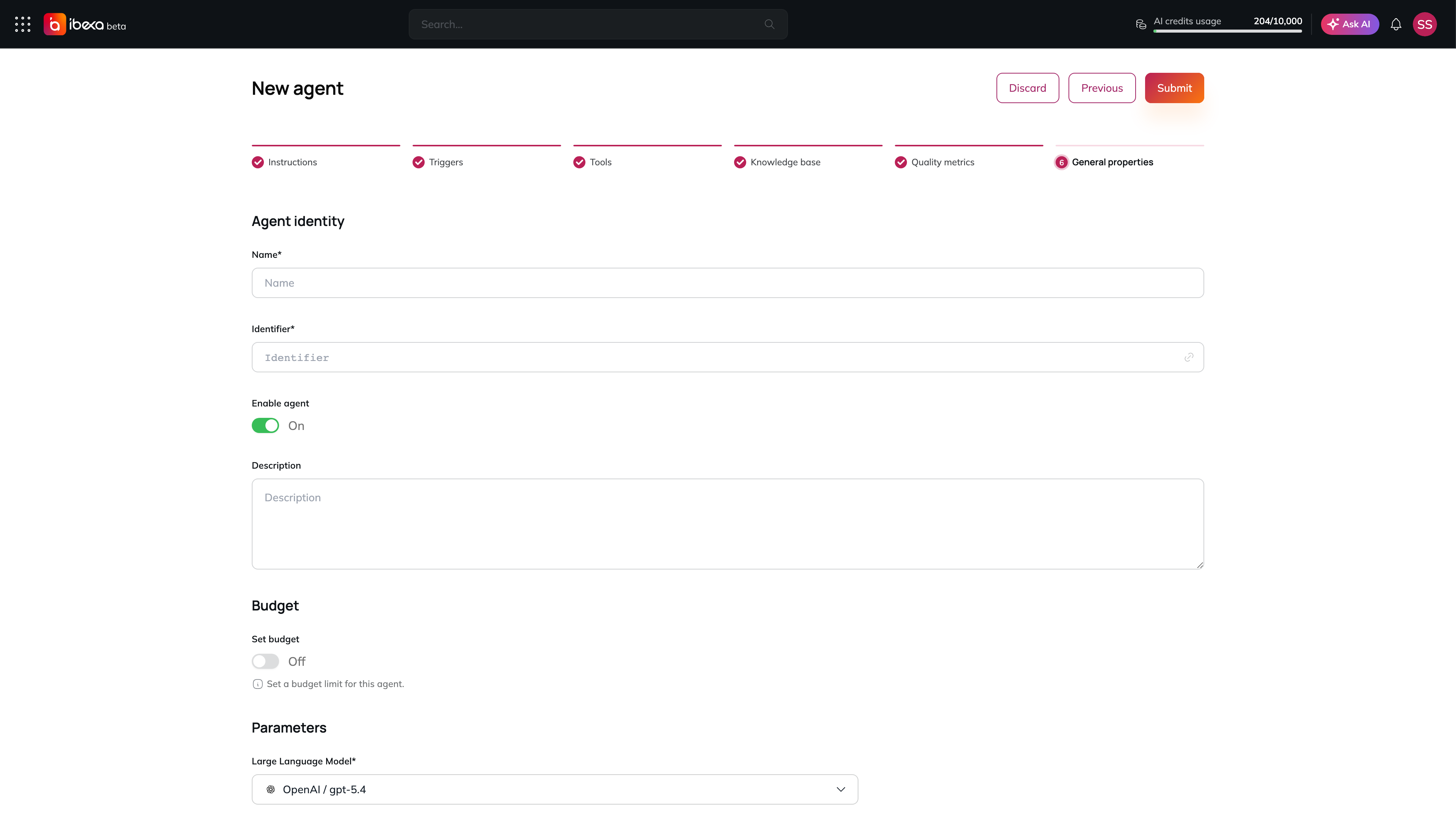 Step 6 General properties with the Name, Identifier, Enable agent and Description fields, the Set budget toggle, the Large Language Model, Number of steps and Impact metric fields, the Use as subagent toggle, the Subagents Select button, and the Discard, Previous and Submit buttons
