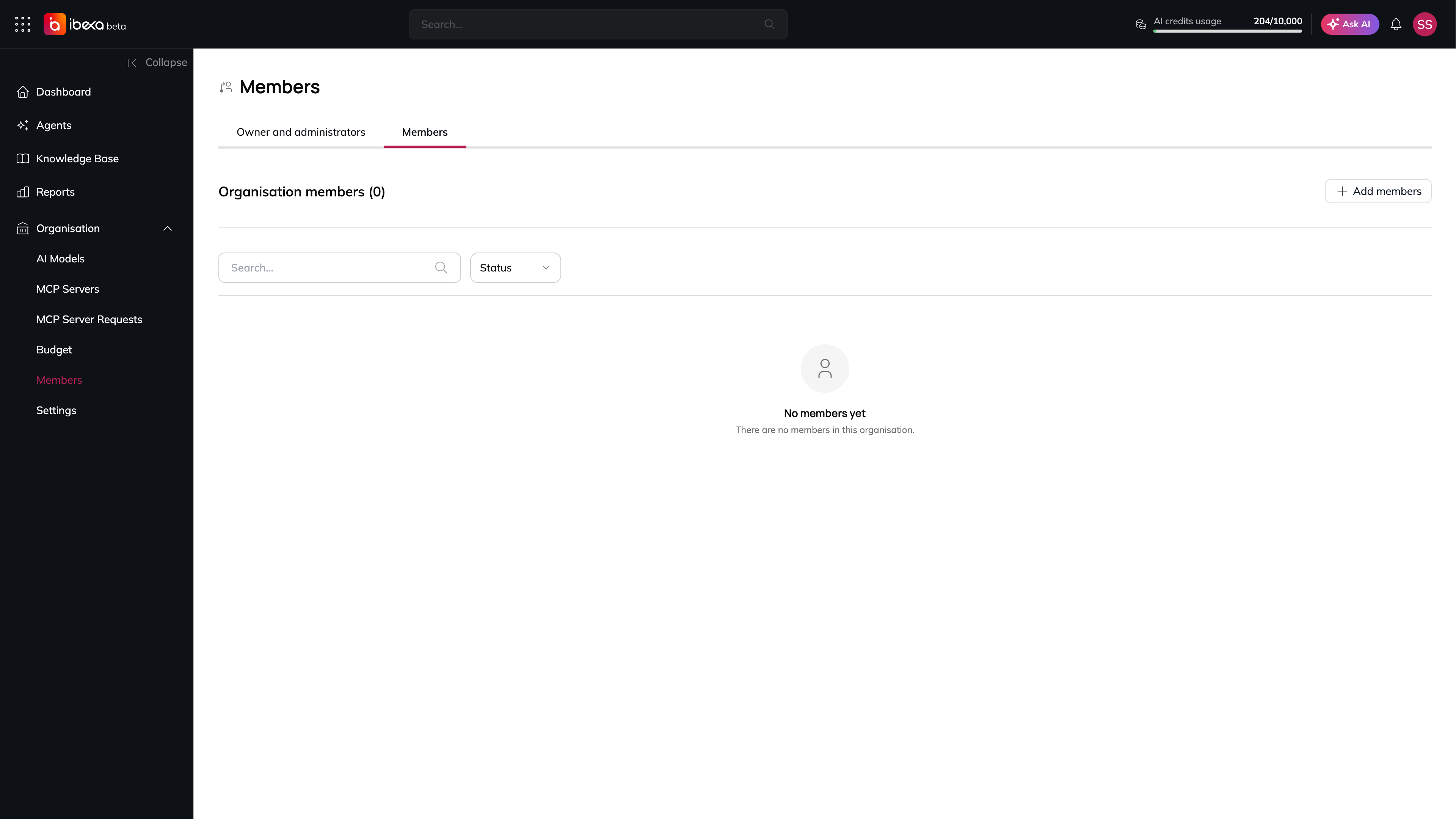 The Members tab showing Organisation members (0), the Add members button, a search box and a Status filter above an empty list with the message No members yet