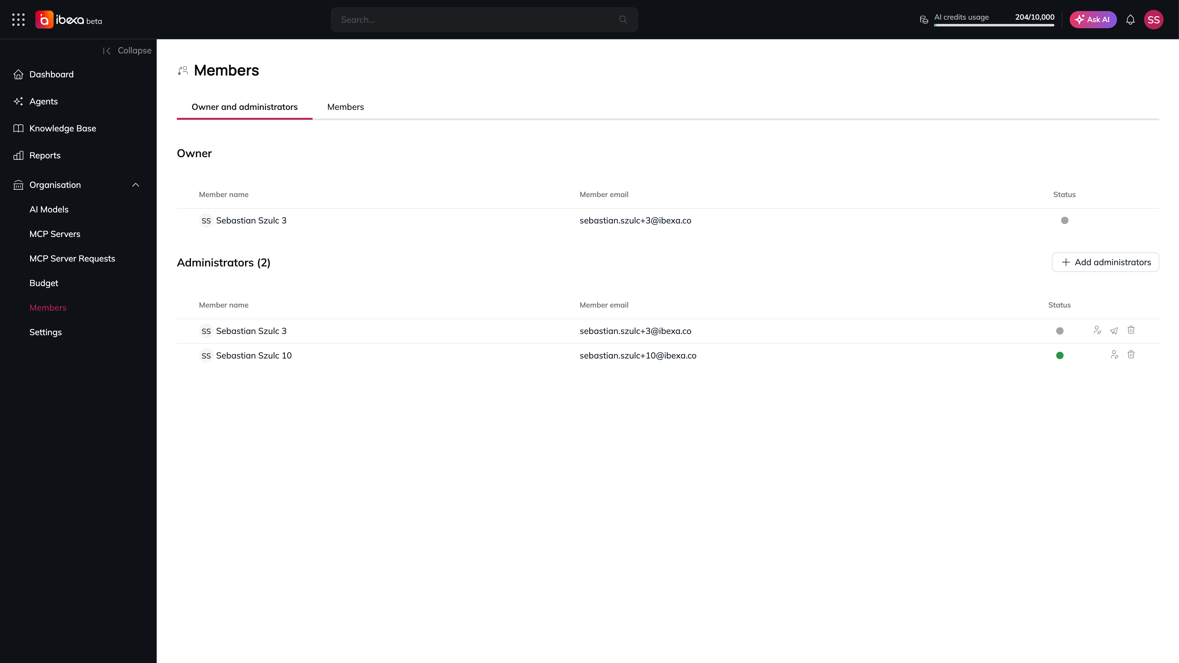 The Owner and administrators tab of the Members page showing the Owner table with one person and the Administrators table with two people, their email addresses, status dots and row action icons, and the Add administrators button