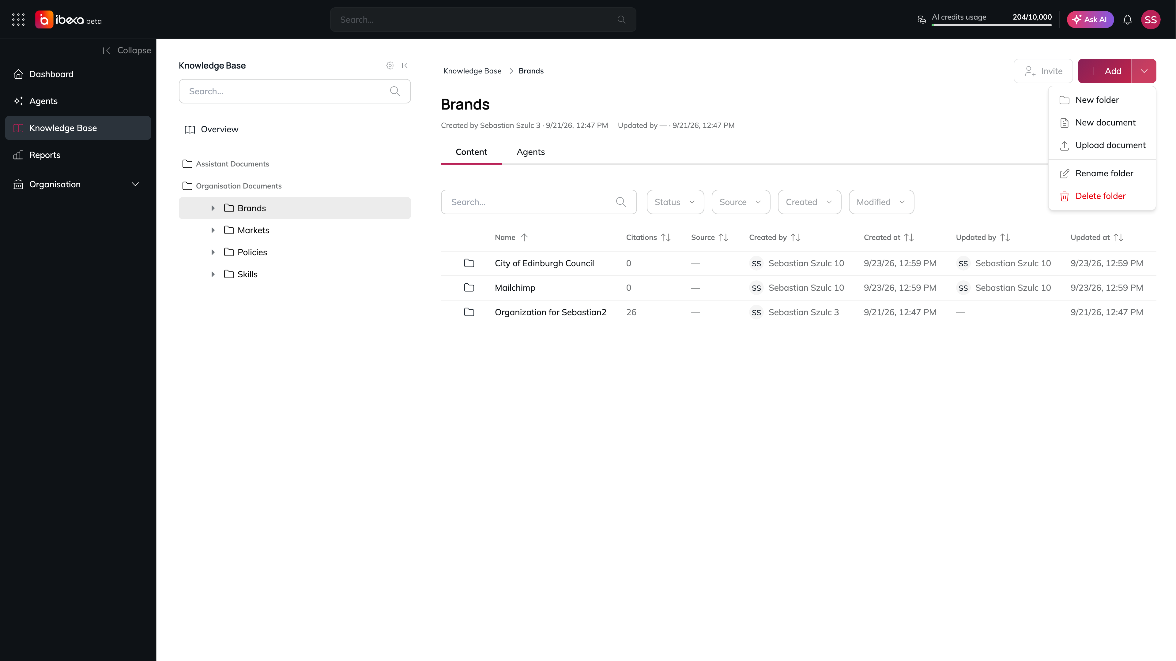 The Brands folder open in the Knowledge Base with the Add dropdown expanded, offering New folder, New document, Upload document, Rename folder and Delete folder
