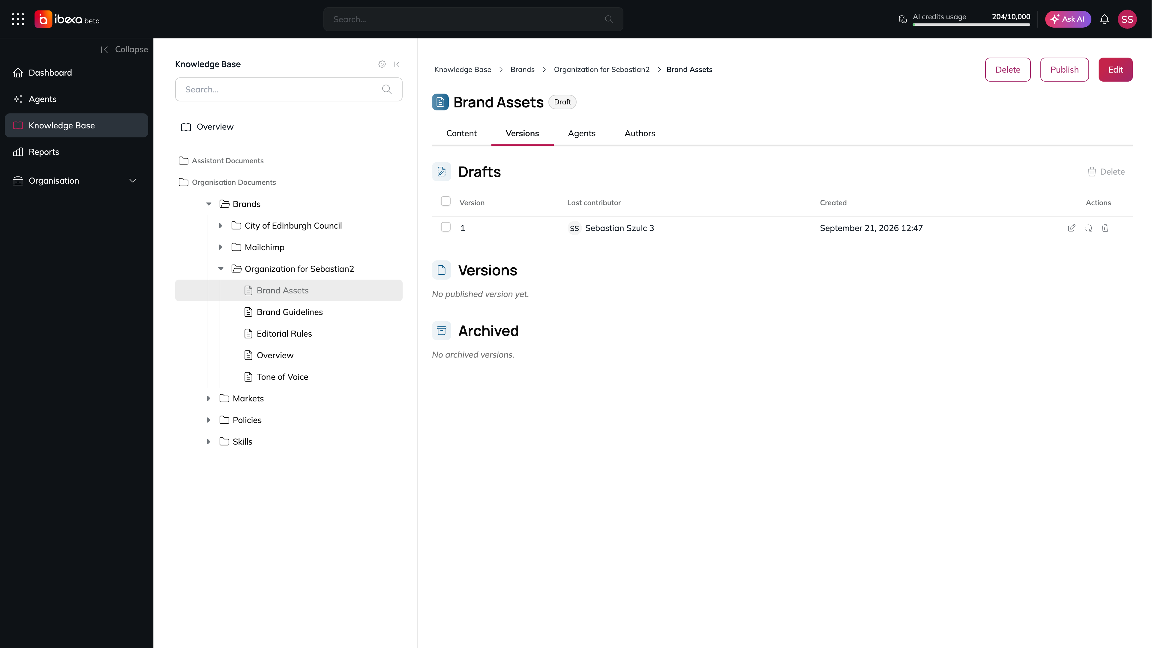 The Versions tab of a draft document with version 1 in the Drafts section and its edit, publish and delete actions, and empty Versions and Archived sections