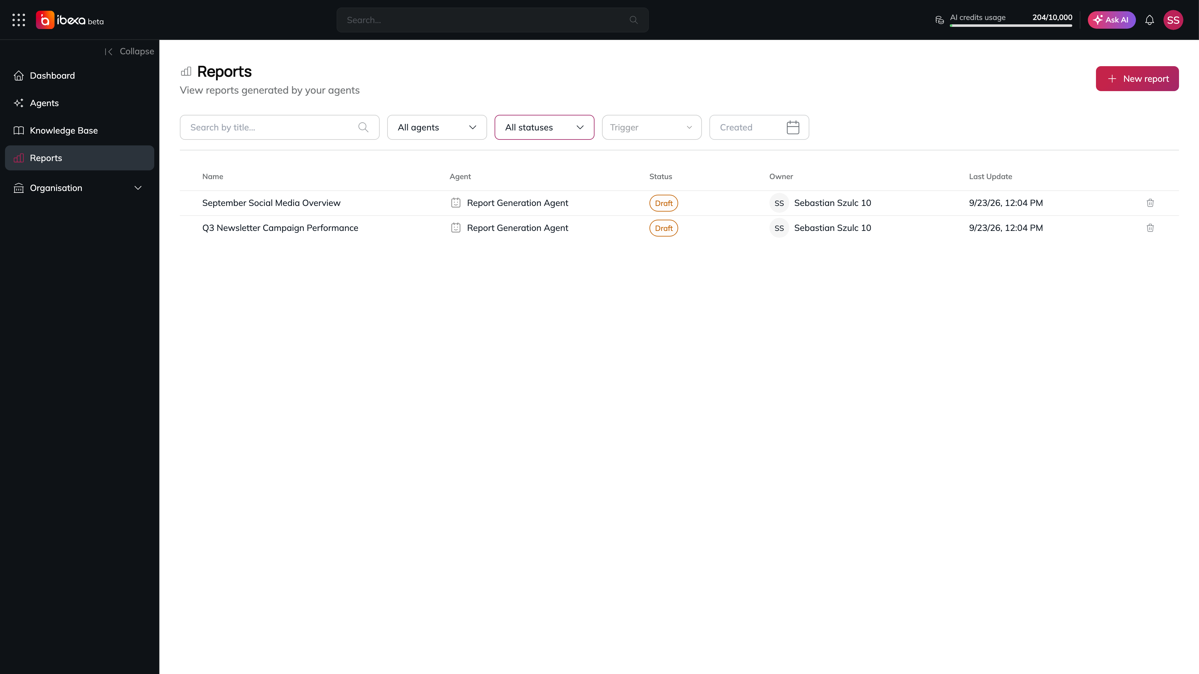 The Reports page with the search bar, the agent, status, trigger and created-date filters, and a table of reports with their agent, status, owner and last update