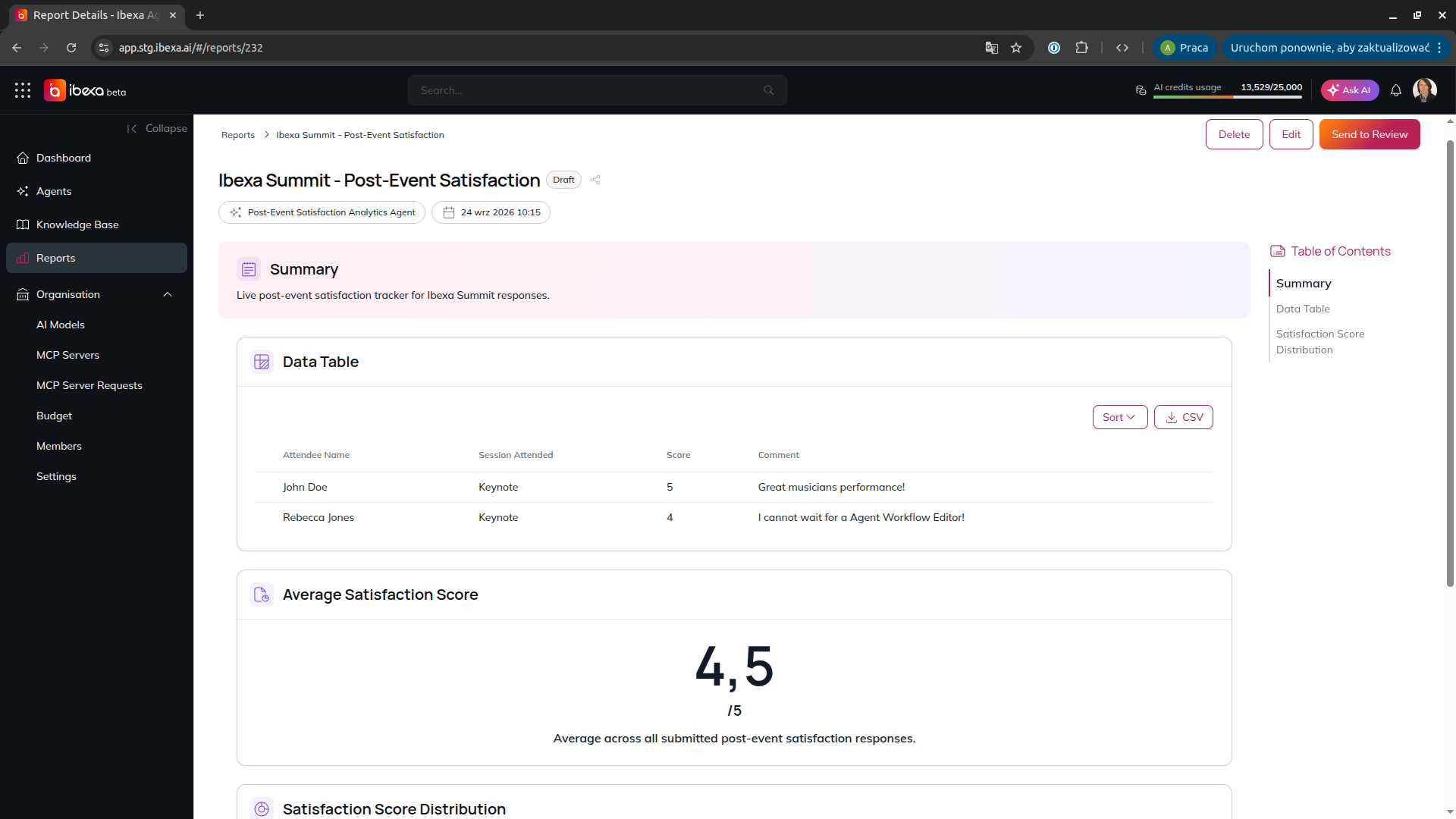 The Ibexa Summit - Post-Event Satisfaction report, showing the Data Table with attendee responses and the Average Satisfaction Score metric block