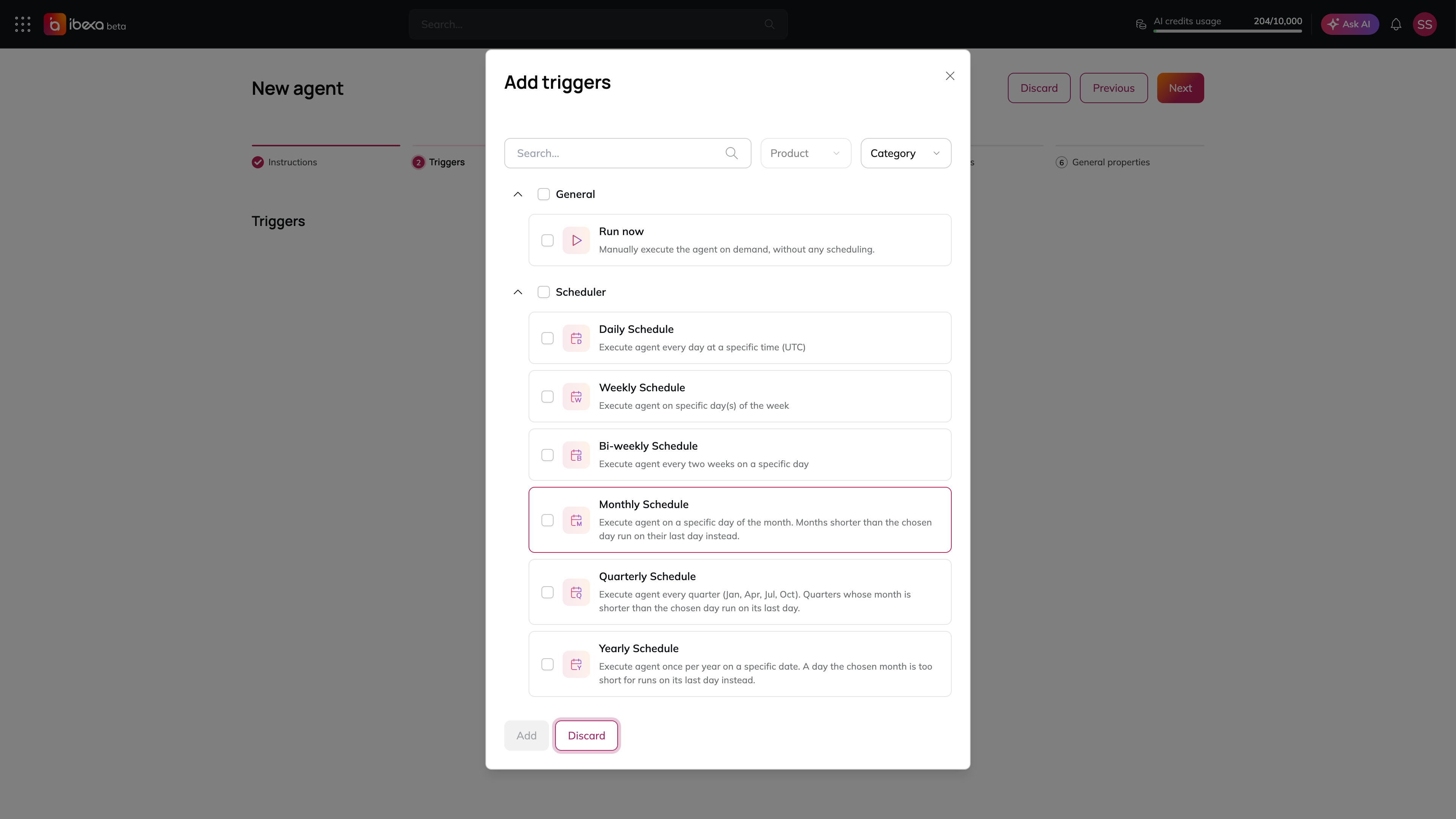 The Add triggers dialog over Step 2 Triggers, listing Run now under General and the Daily, Weekly, Bi-weekly, Monthly and Quarterly schedules under Scheduler, each with a checkbox, and the Add and Discard buttons