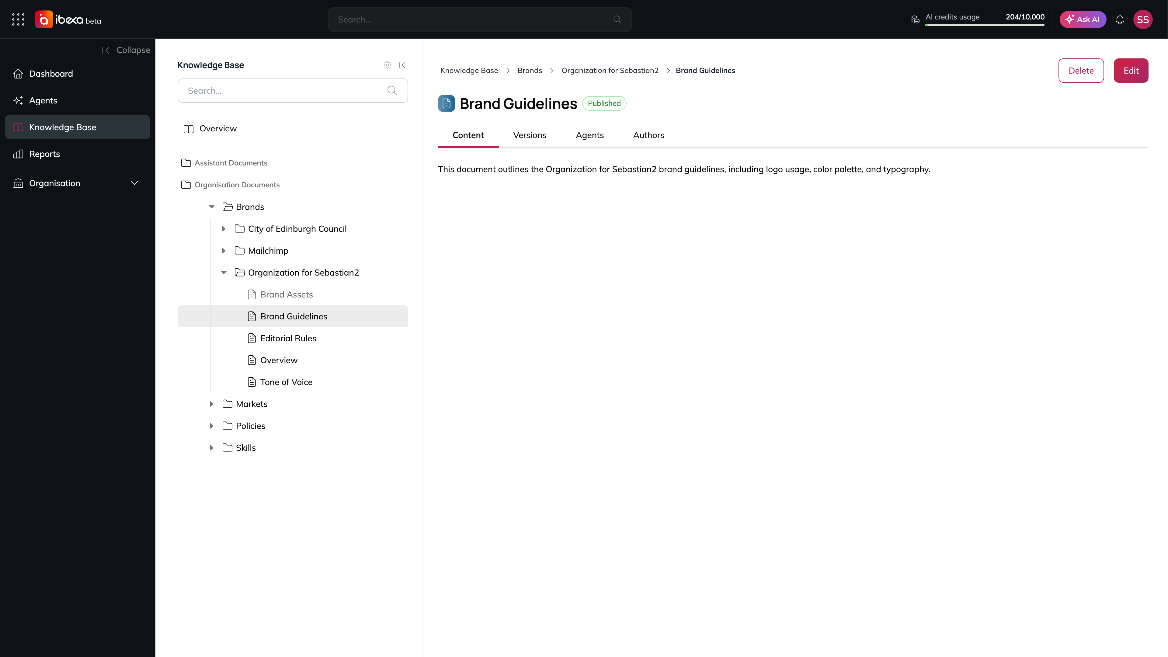A published document open in the Knowledge Base, with the Content, Versions, Agents and Authors tabs, the document text, and the Delete and Edit buttons