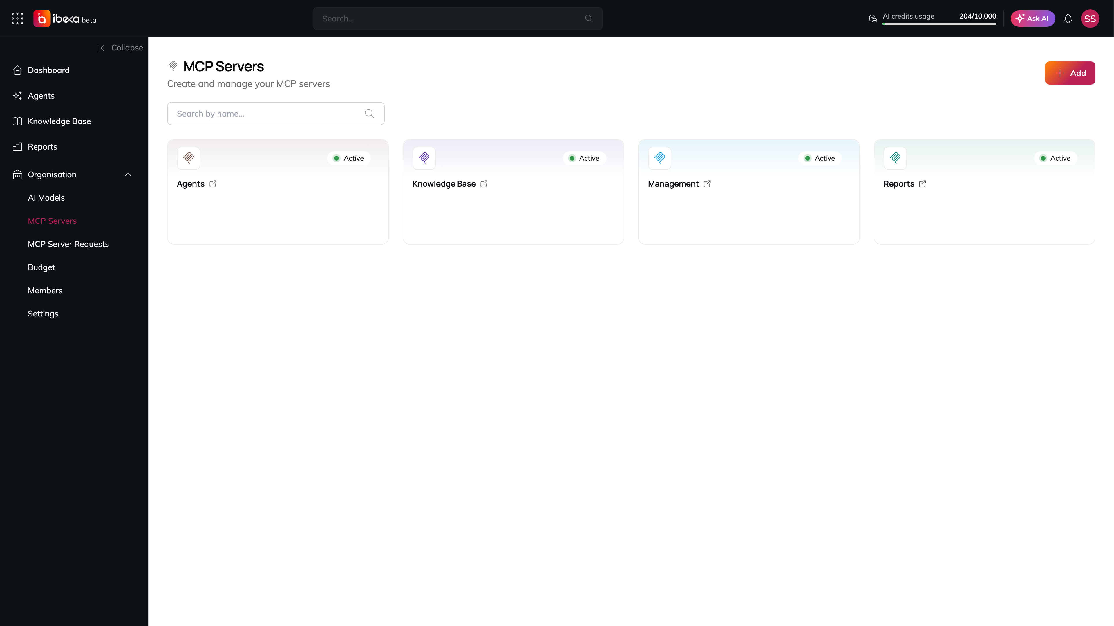 The MCP Servers page with a search box, the Add button and cards for the four built-in servers Agents, Knowledge Base, Management and Reports, each with an Active status badge