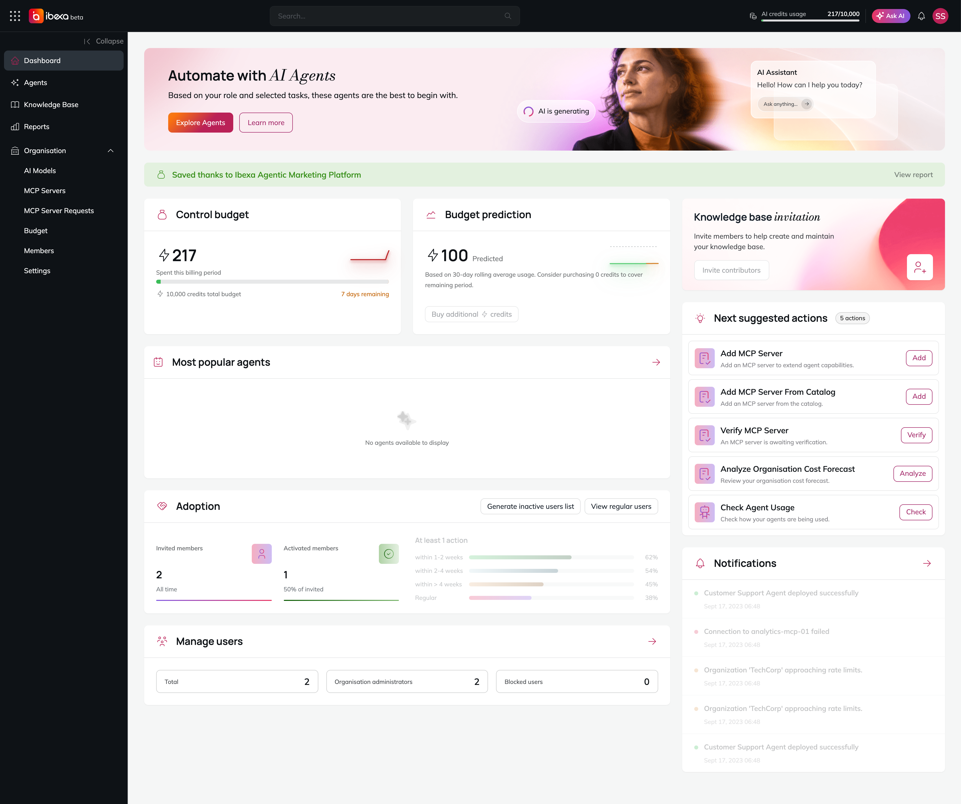 The Dashboard with the savings estimate, the budget prediction and the Next suggested actions widget