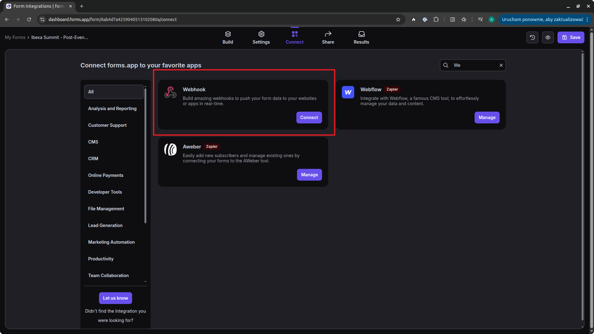 The forms.app Connect tab, showing the Webhook integration card highlighted with a Connect button